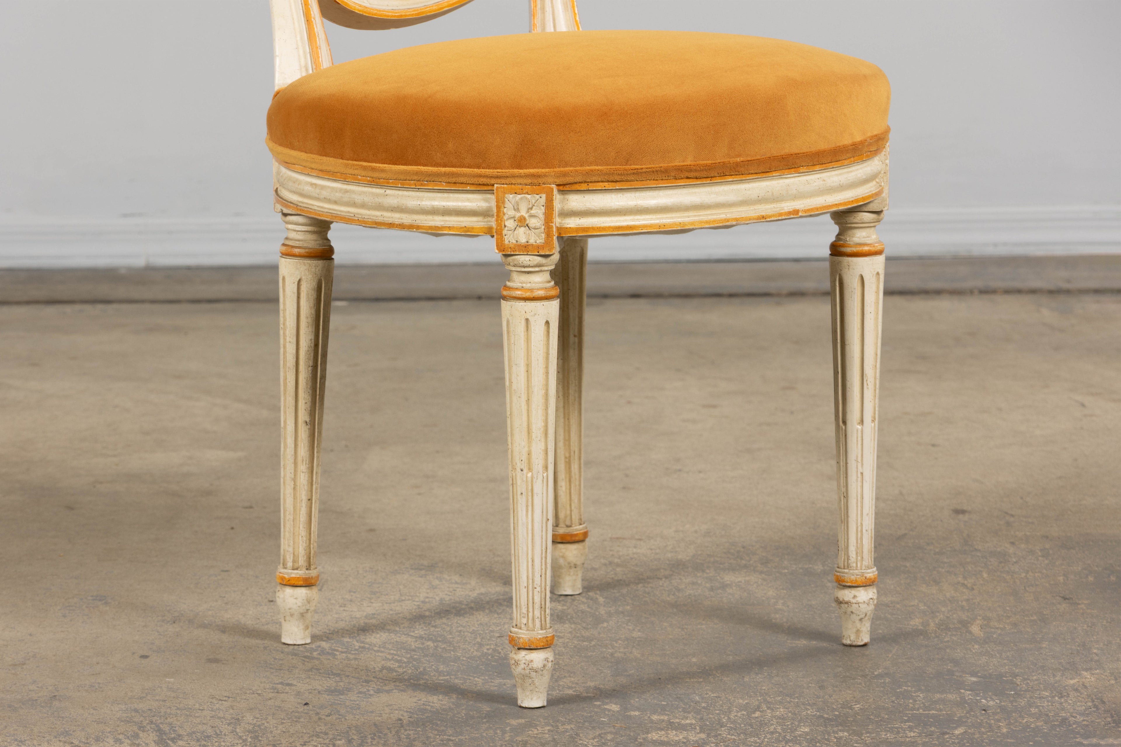 Antique French Louis XVI Painted Cane Back Accent Side Chairs W/ Marigold Velvet - A Pair