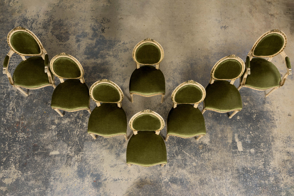 ON HOLD Antique French Louis XVI Style Dining Chairs in Olive Green Velvet - Set of 8