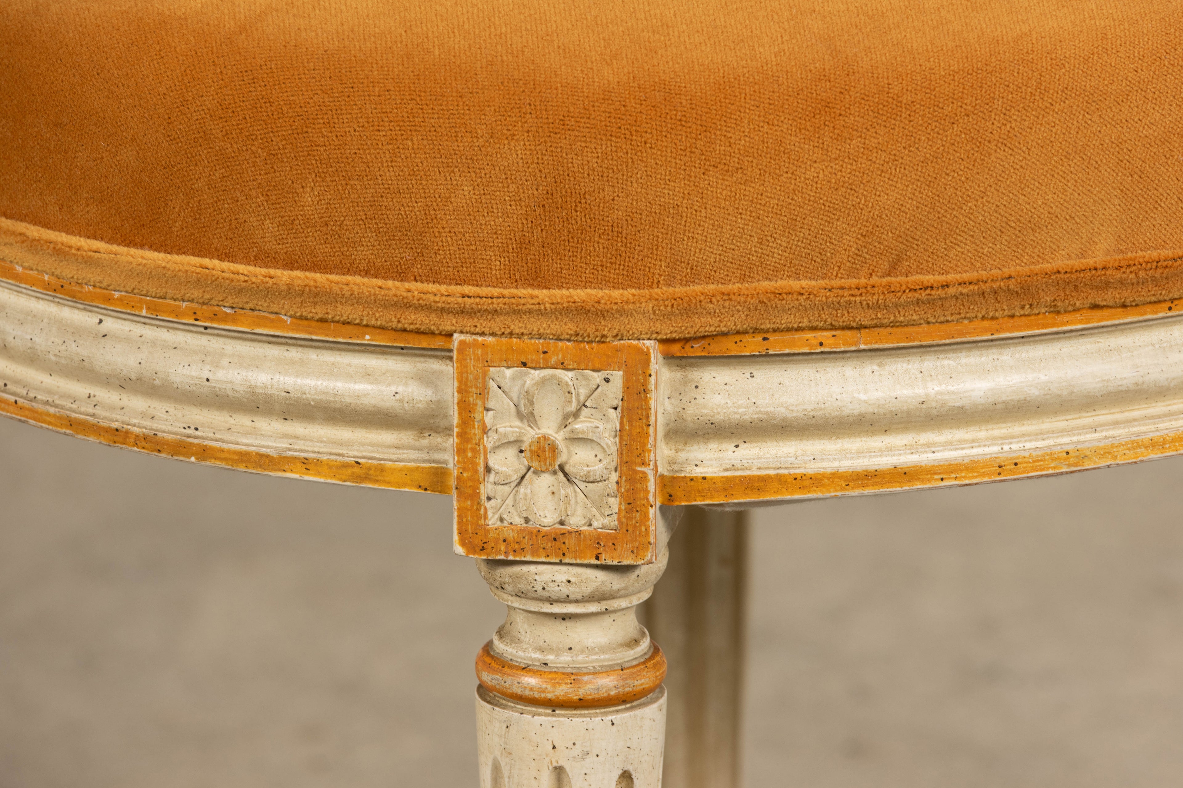 Antique French Louis XVI Painted Cane Back Accent Side Chairs W/ Marigold Velvet - A Pair