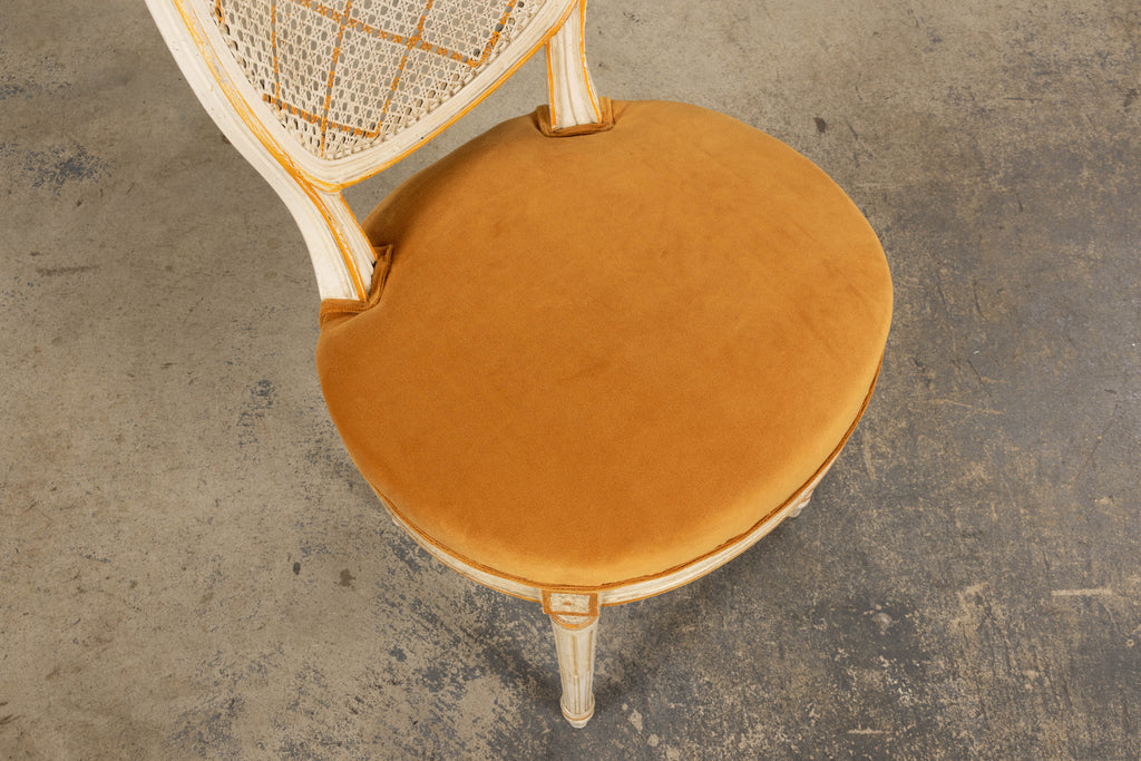 Antique French Louis XVI Painted Cane Back Accent Side Chairs W/ Marigold Velvet - A Pair
