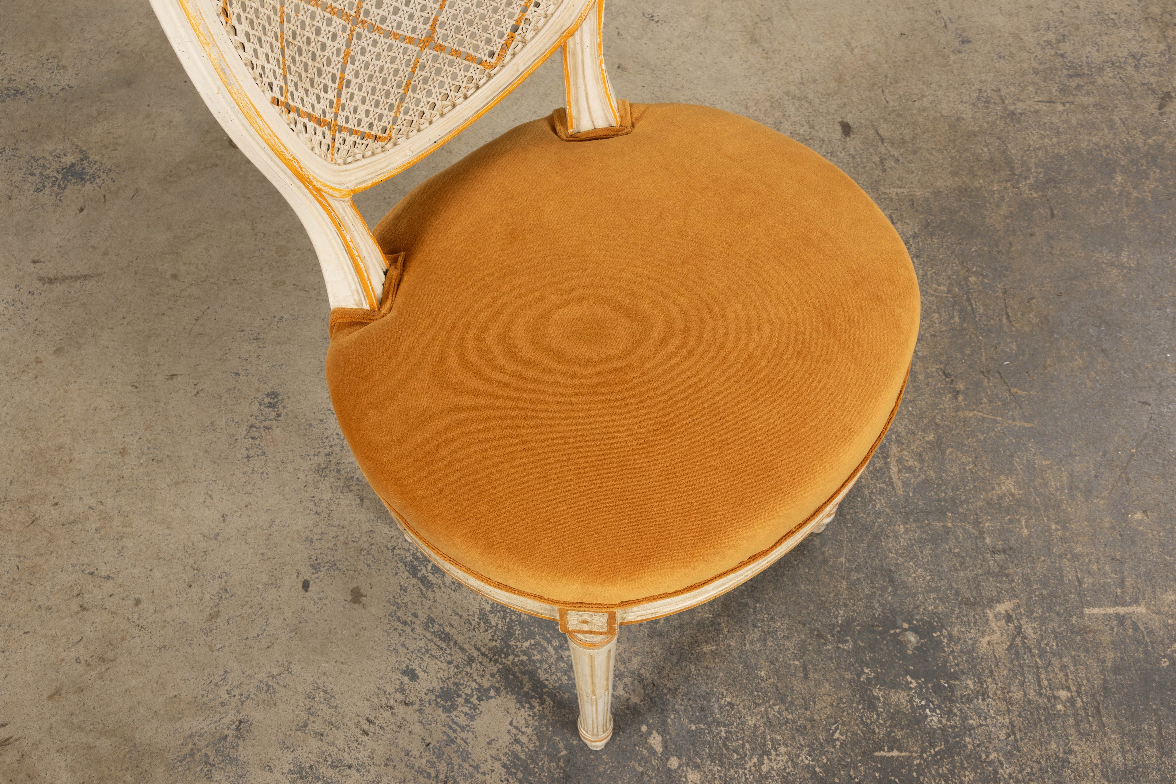 Antique French Louis XVI Painted Cane Back Accent Side Chairs W/ Marigold Velvet - A Pair