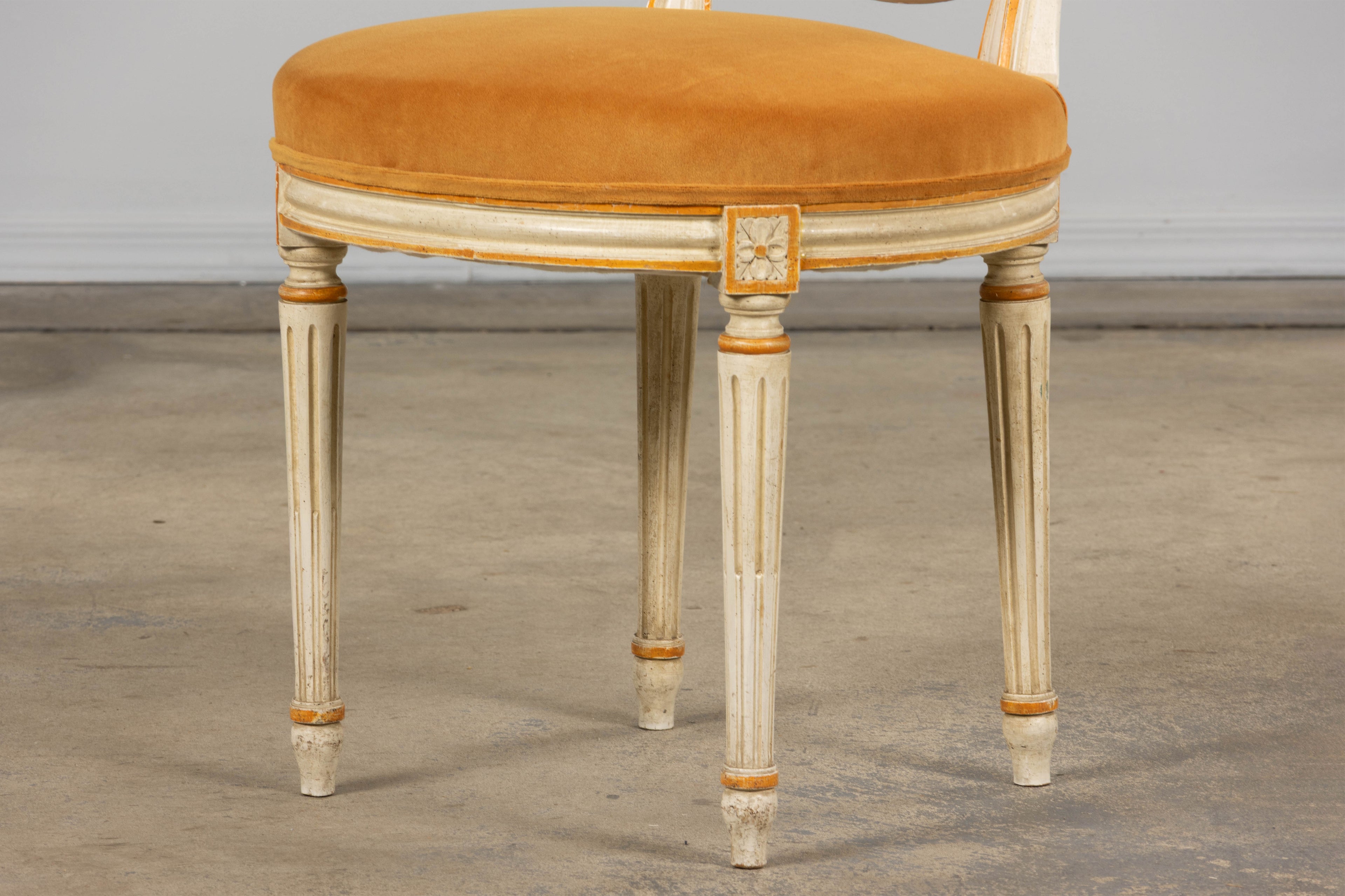 Antique French Louis XVI Painted Cane Back Accent Side Chairs W/ Marigold Velvet - A Pair