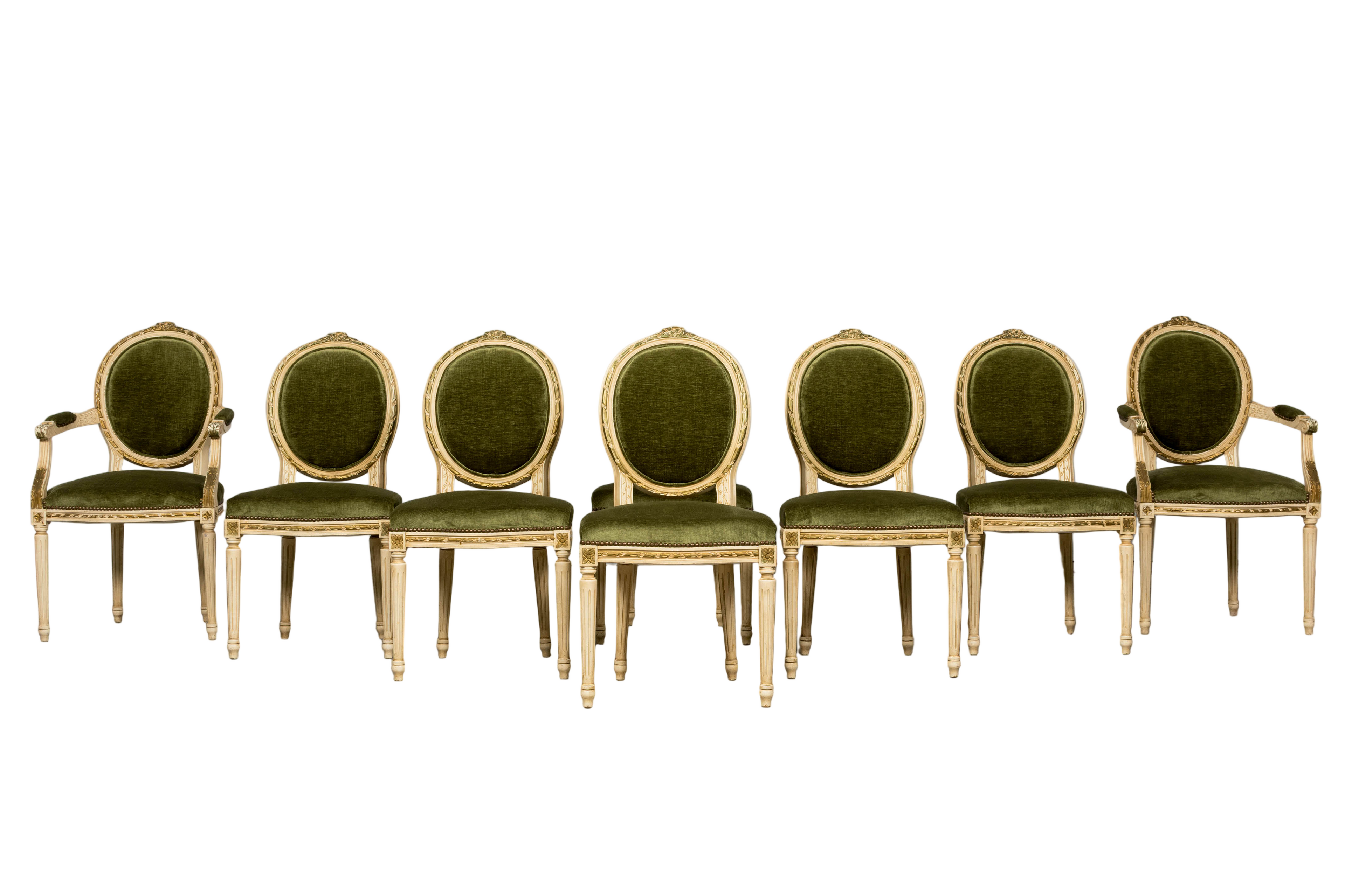 Antique French Louis XVI Style Dining Chairs in Olive Green Velvet - Set of 8