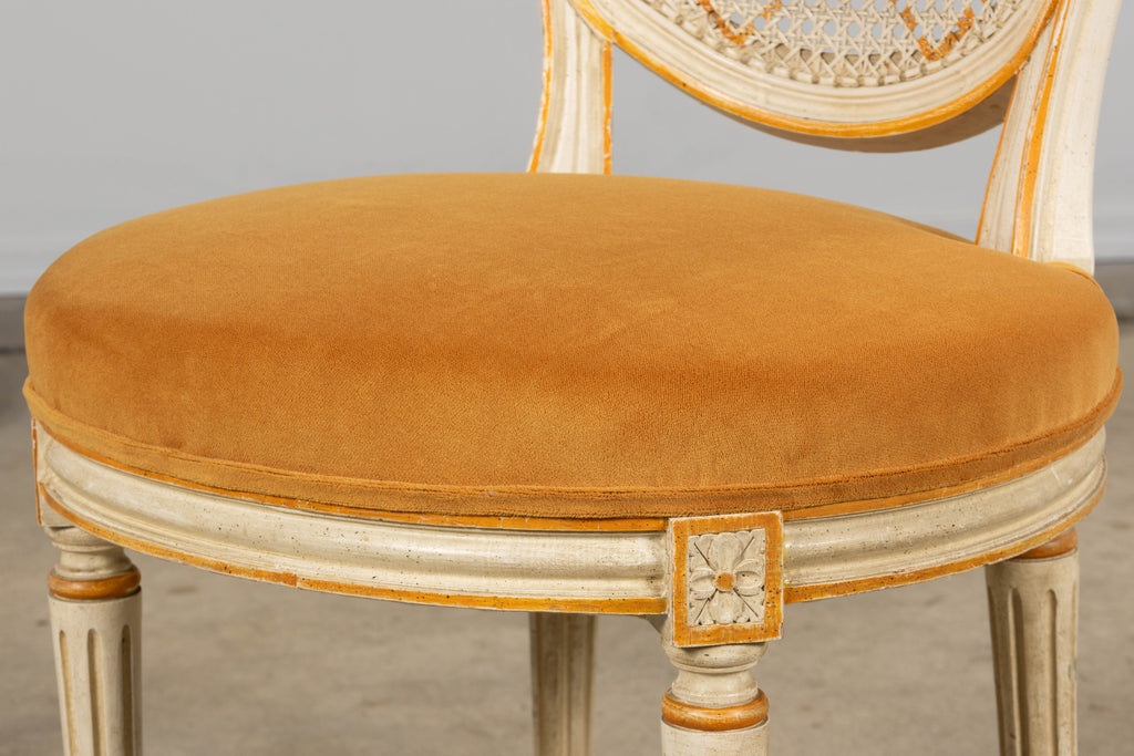Antique French Louis XVI Painted Cane Back Accent Side Chairs W/ Marigold Velvet - A Pair