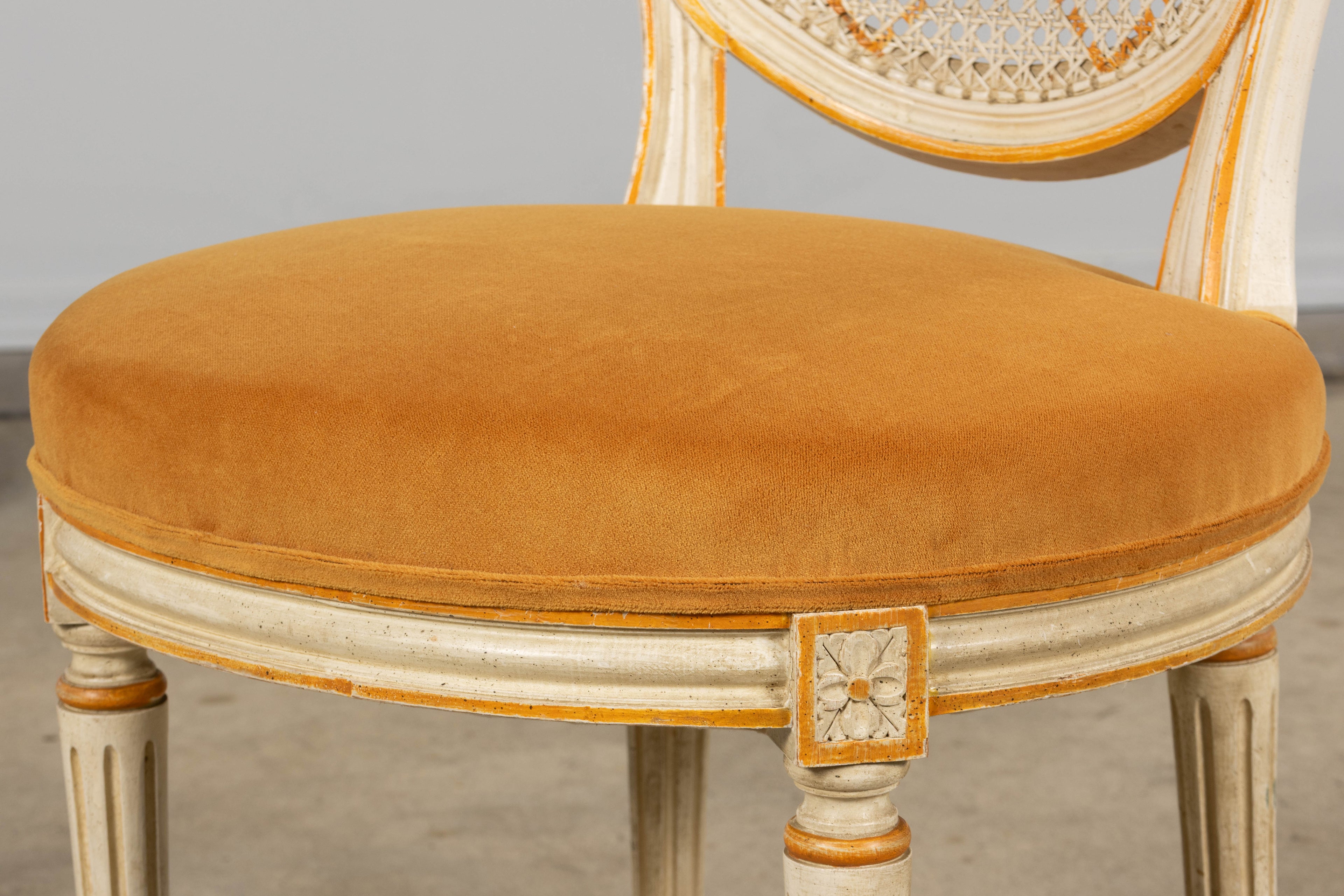Antique French Louis XVI Painted Cane Back Accent Side Chairs W/ Marigold Velvet - A Pair