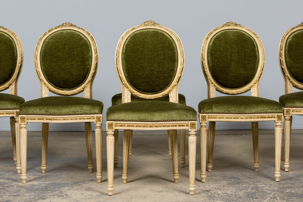 ON HOLD Antique French Louis XVI Style Dining Chairs in Olive Green Velvet - Set of 8