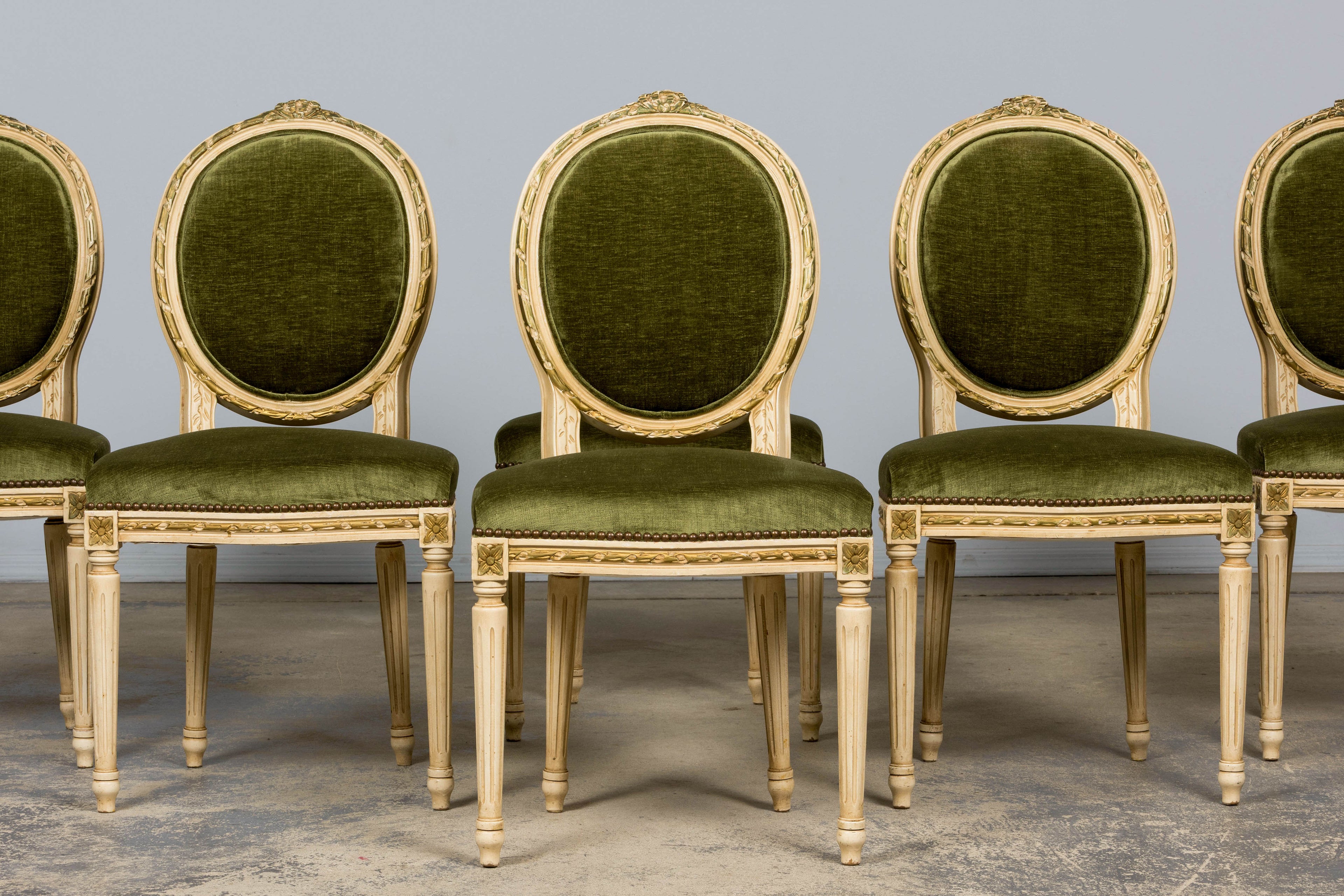 Antique French Louis XVI Style Dining Chairs in Olive Green Velvet - Set of 8