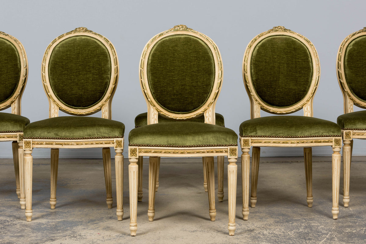 Antique French Louis XVI Style Dining Chairs in Olive Green Velvet - Set of 8