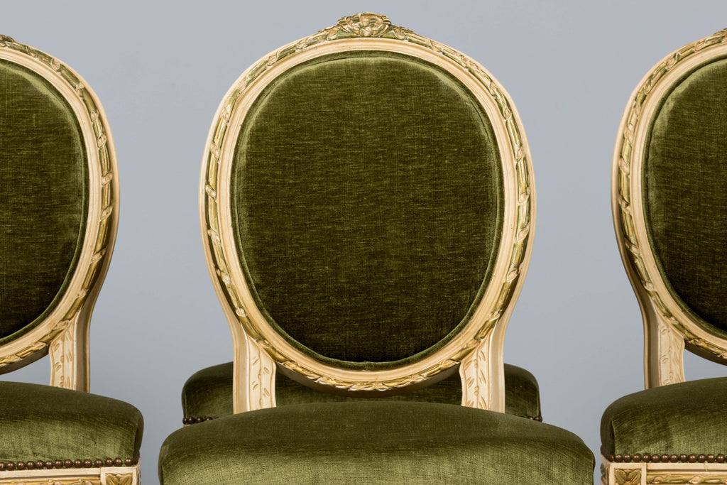 ON HOLD Antique French Louis XVI Style Dining Chairs in Olive Green Velvet - Set of 8
