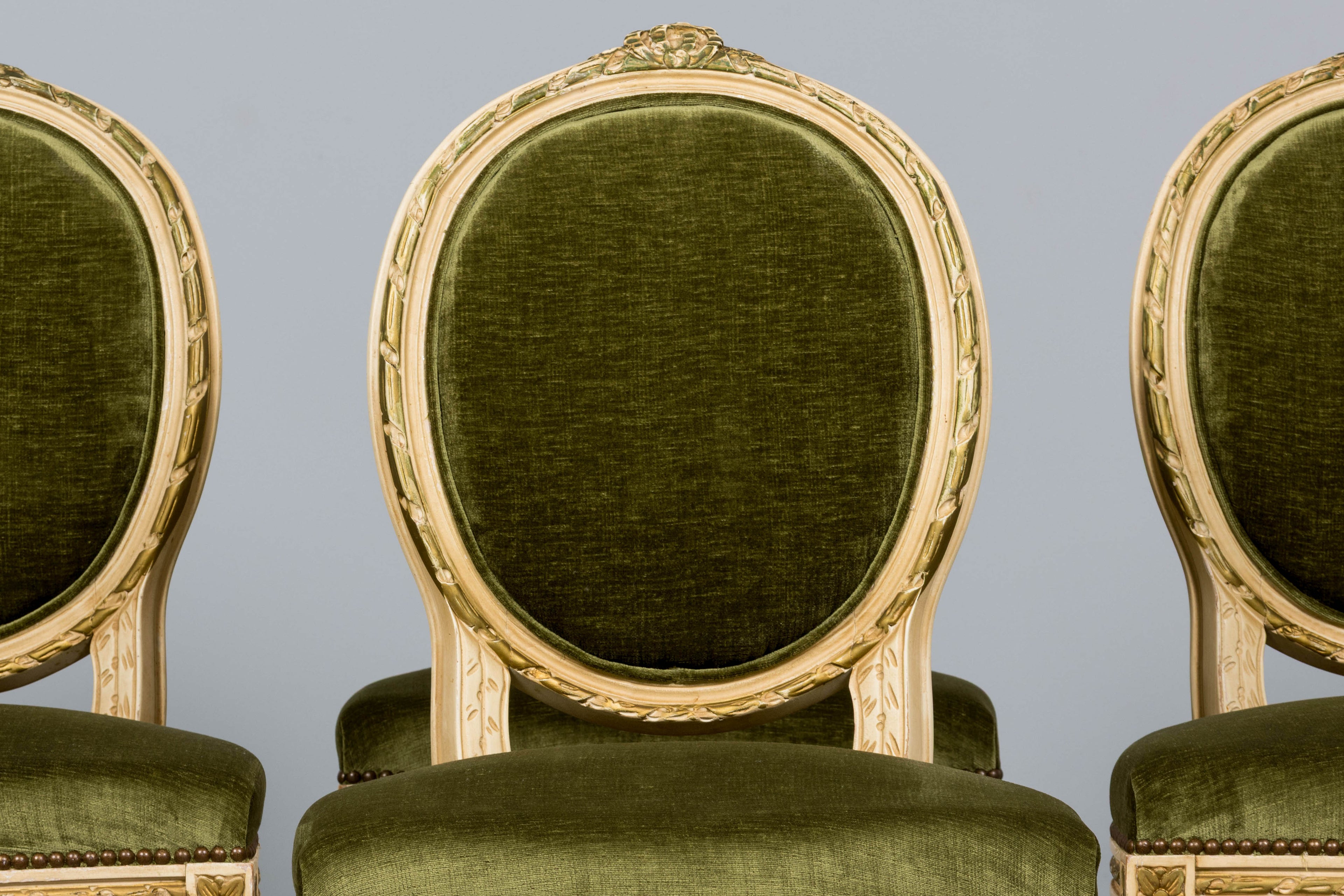 Antique French Louis XVI Style Dining Chairs in Olive Green Velvet - Set of 8