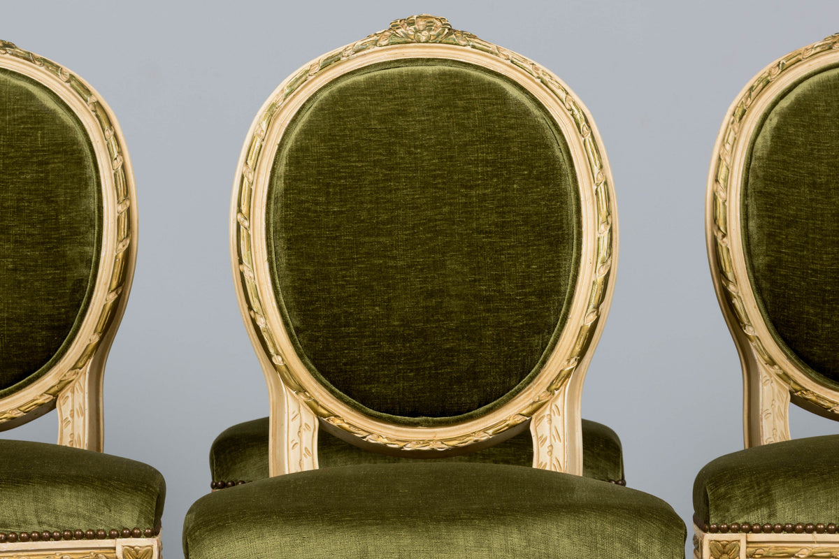 Antique French Louis XVI Style Dining Chairs in Olive Green Velvet - Set of 8