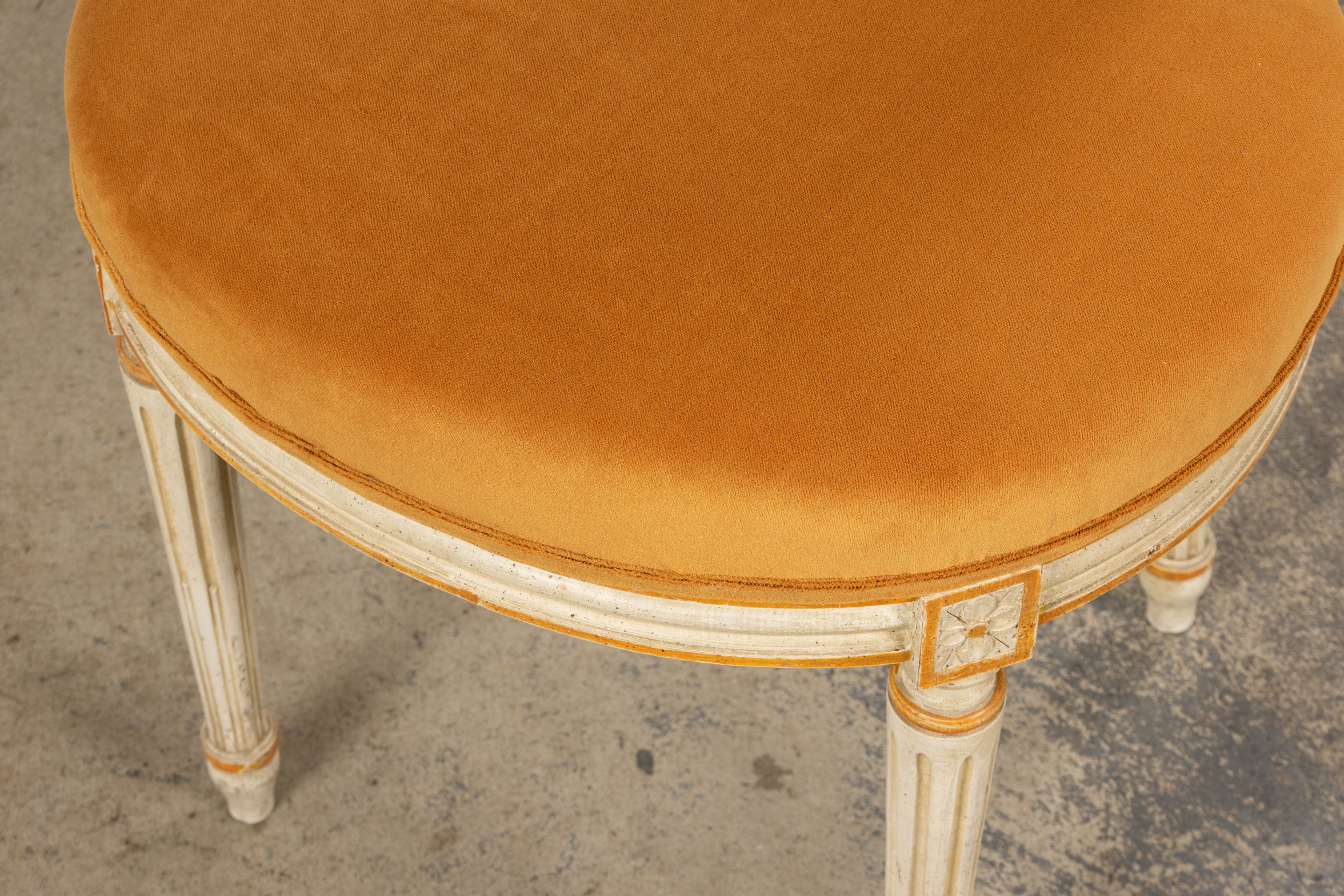Antique French Louis XVI Painted Cane Back Accent Side Chairs W/ Marigold Velvet - A Pair