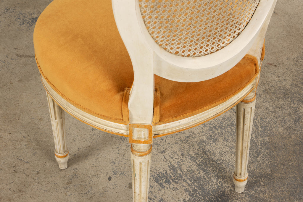 Antique French Louis XVI Painted Cane Back Accent Side Chairs W/ Marigold Velvet - A Pair