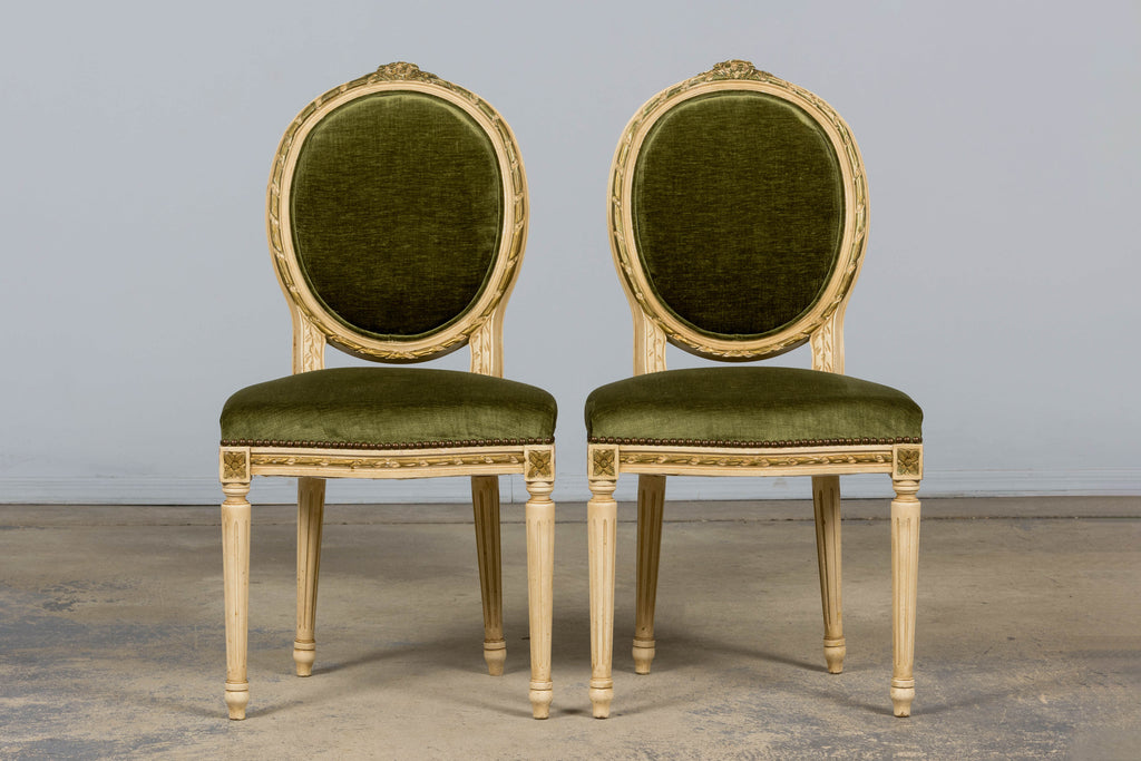 ON HOLD Antique French Louis XVI Style Dining Chairs in Olive Green Velvet - Set of 8