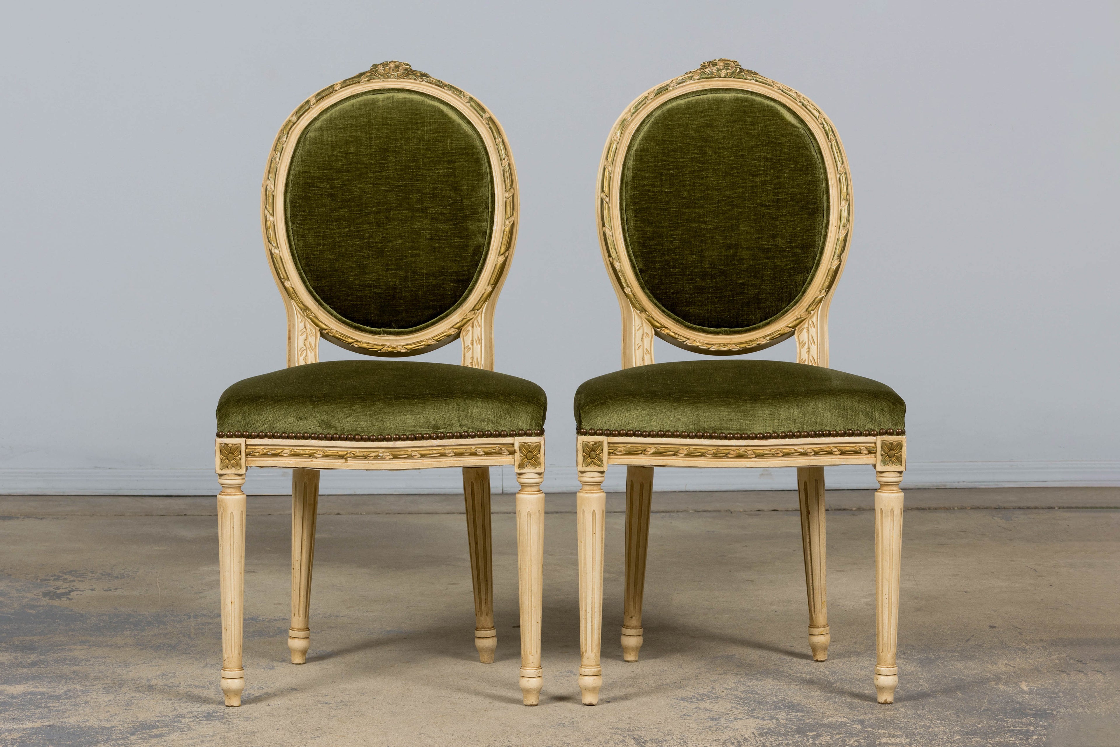 ON HOLD Antique French Louis XVI Style Dining Chairs in Olive Green Velvet - Set of 8