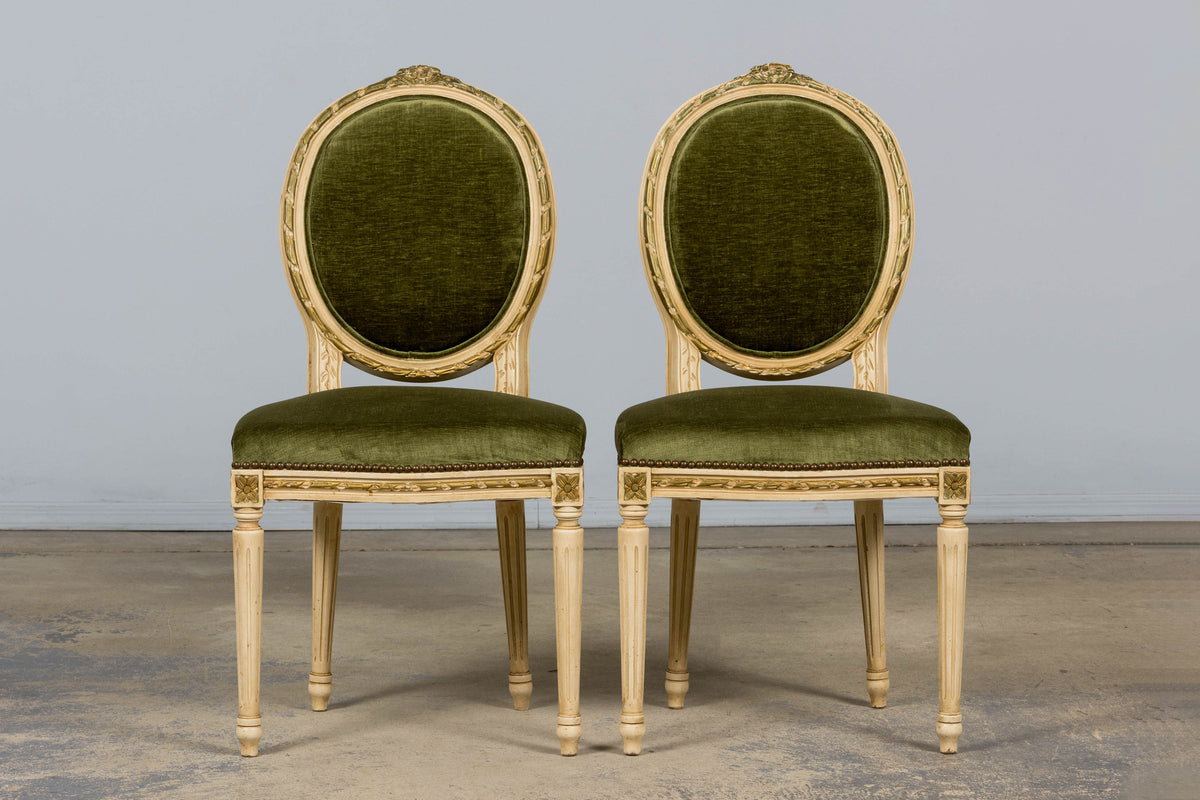 Antique French Louis XVI Style Dining Chairs in Olive Green Velvet - Set of 8