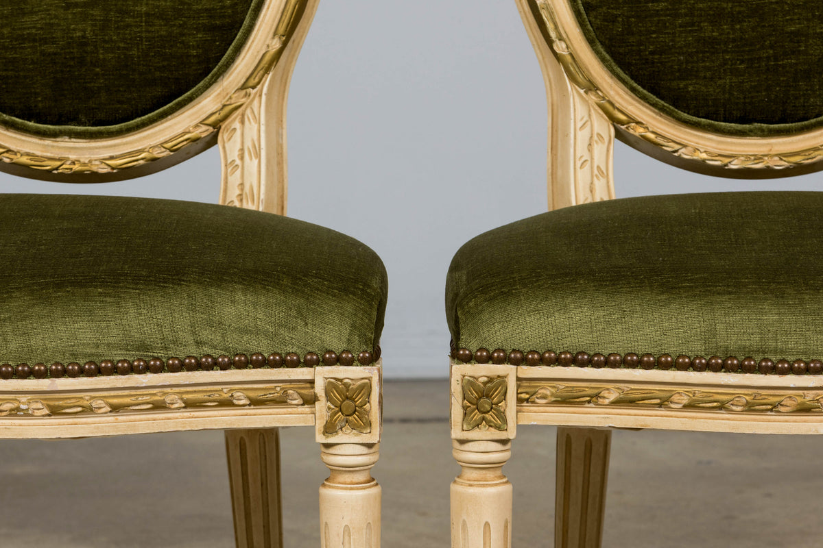 Antique French Louis XVI Style Dining Chairs in Olive Green Velvet - Set of 8