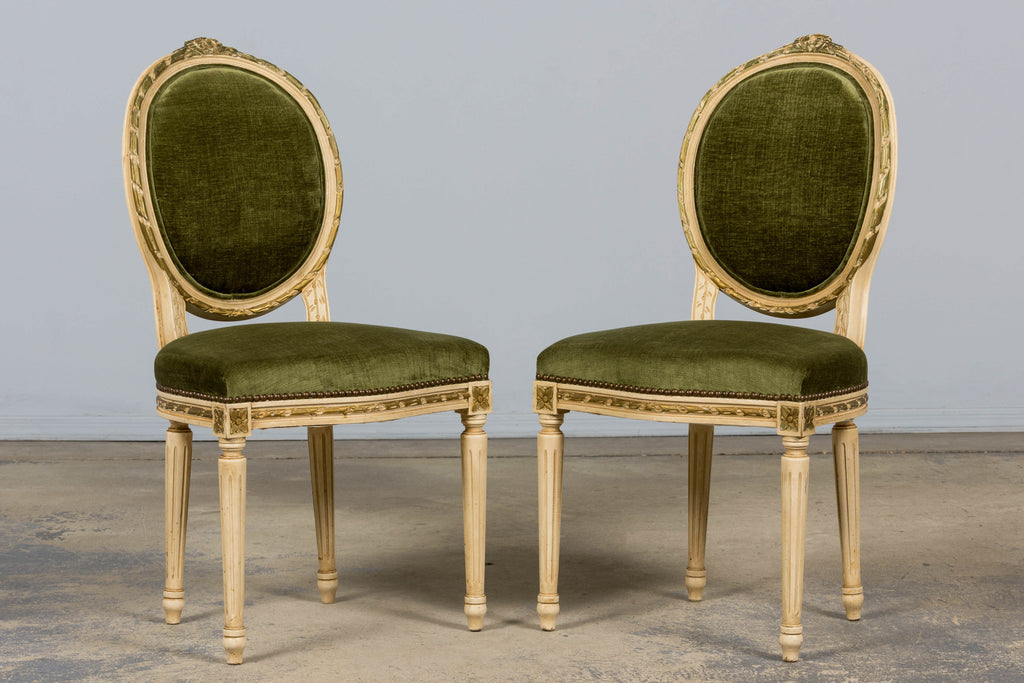 ON HOLD Antique French Louis XVI Style Dining Chairs in Olive Green Velvet - Set of 8