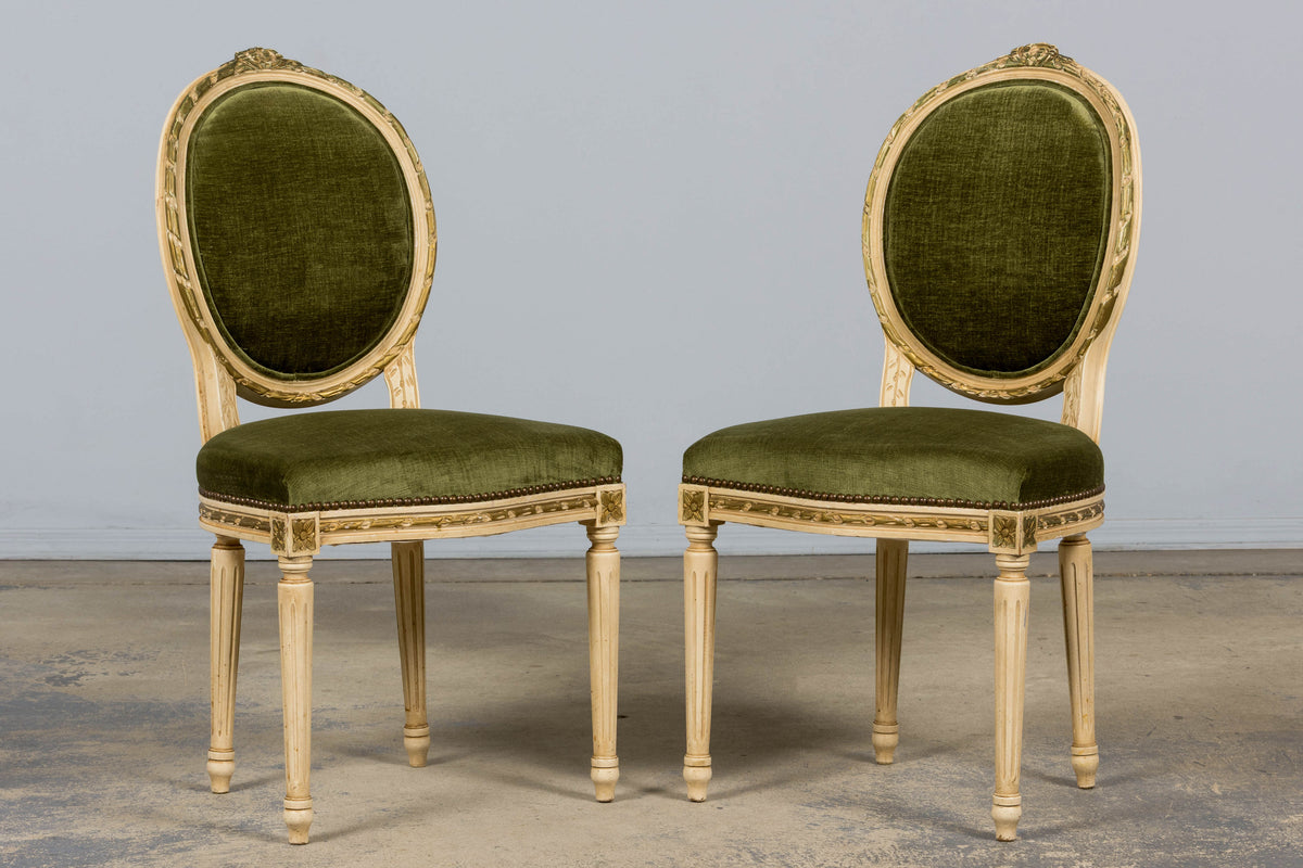 Antique French Louis XVI Style Dining Chairs in Olive Green Velvet - Set of 8