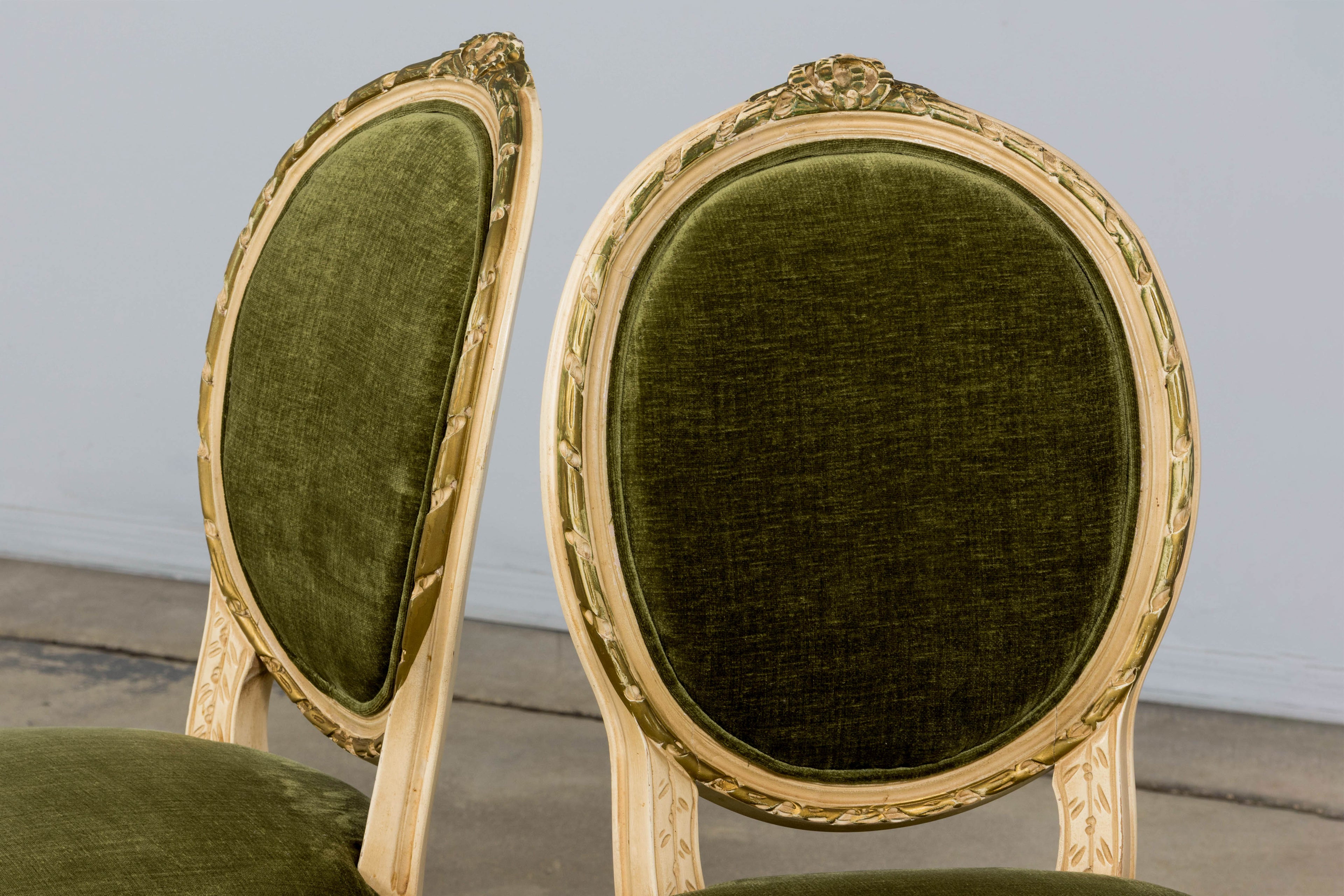 ON HOLD Antique French Louis XVI Style Dining Chairs in Olive Green Velvet - Set of 8