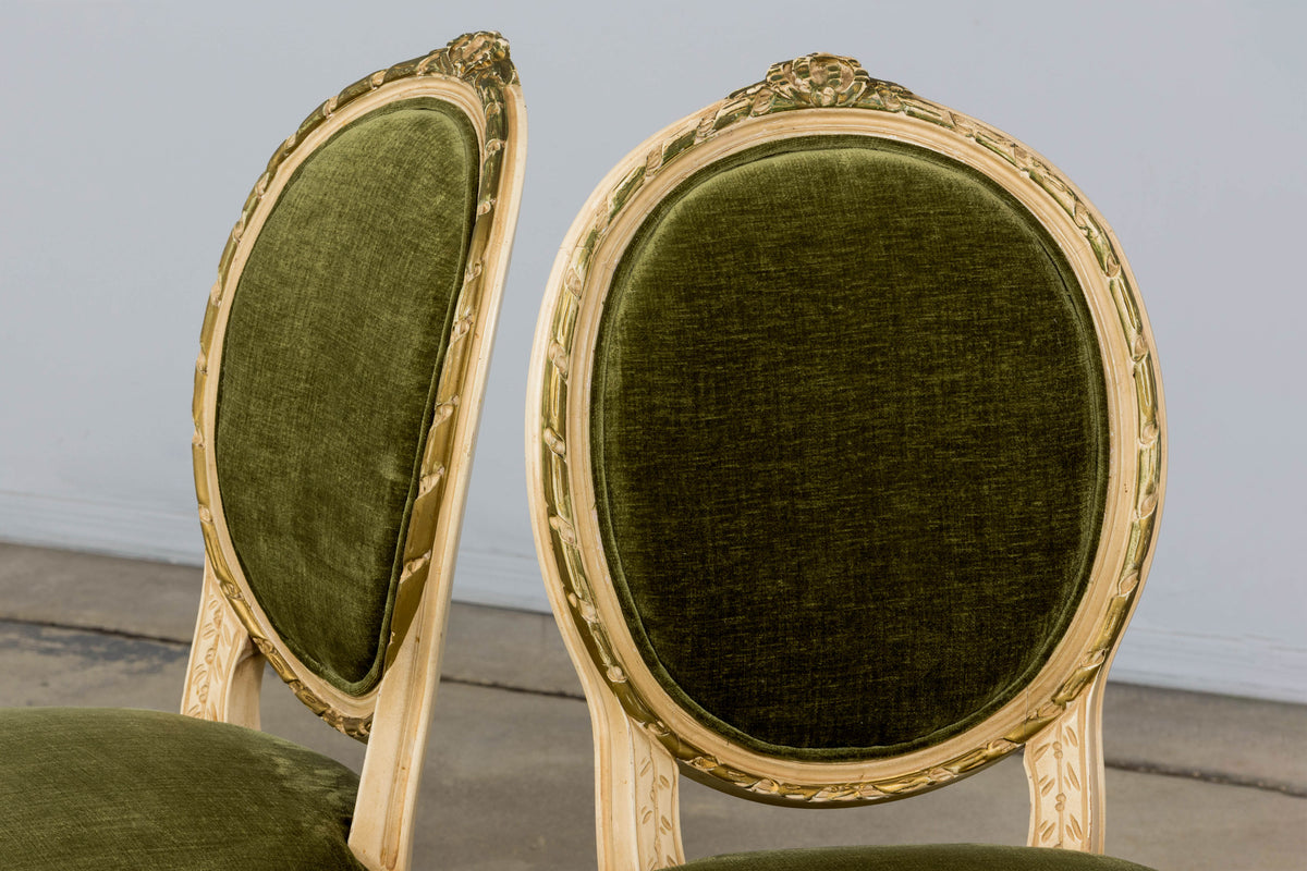 Antique French Louis XVI Style Dining Chairs in Olive Green Velvet - Set of 8