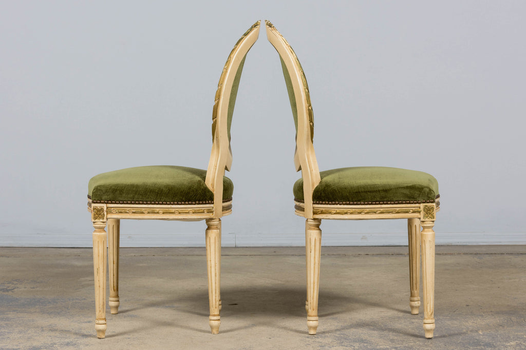 ON HOLD Antique French Louis XVI Style Dining Chairs in Olive Green Velvet - Set of 8