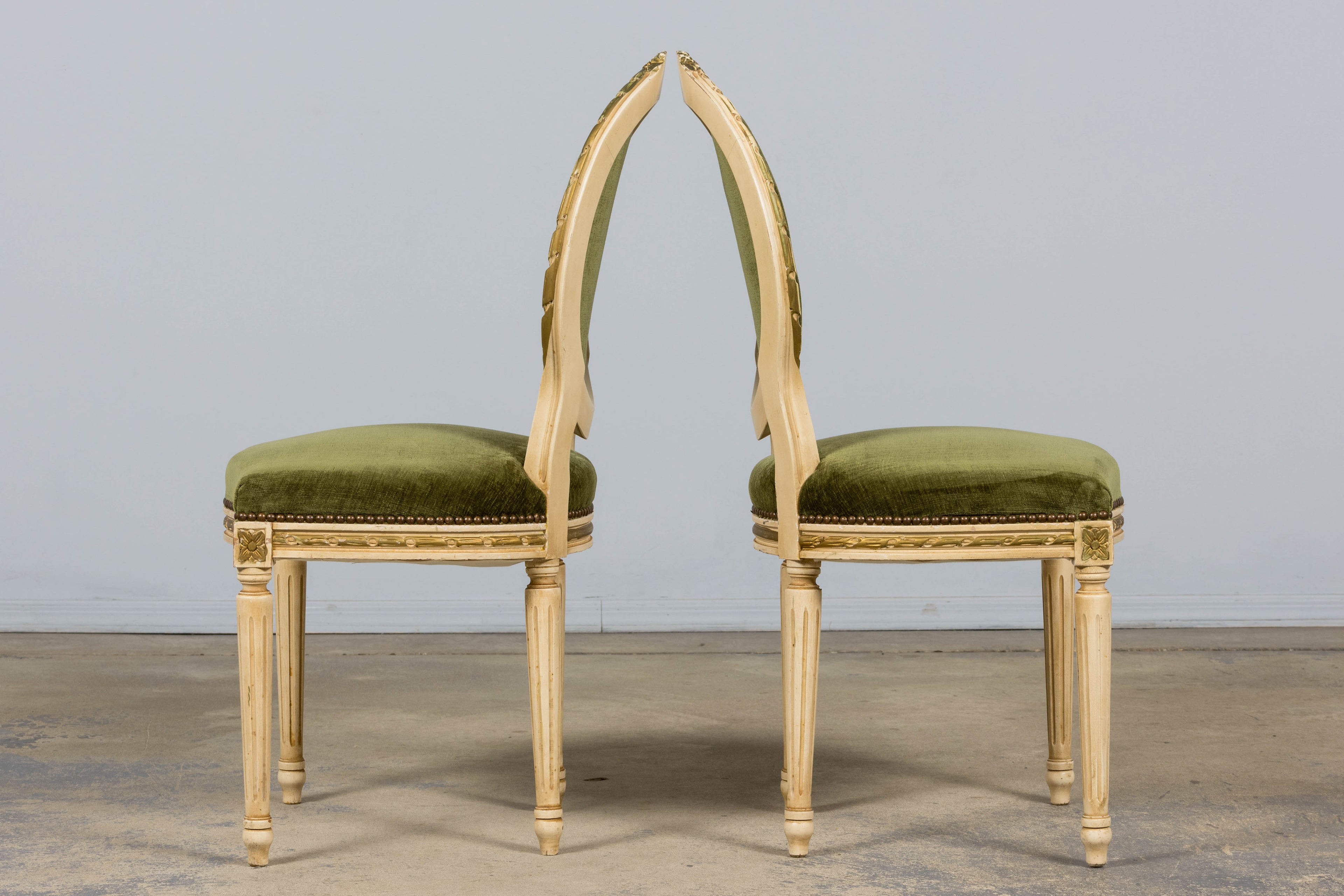 ON HOLD Antique French Louis XVI Style Dining Chairs in Olive Green Velvet - Set of 8