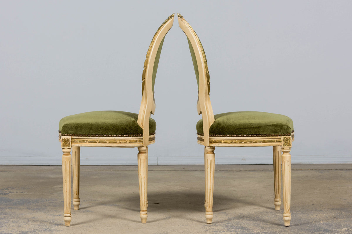 Antique French Louis XVI Style Dining Chairs in Olive Green Velvet - Set of 8