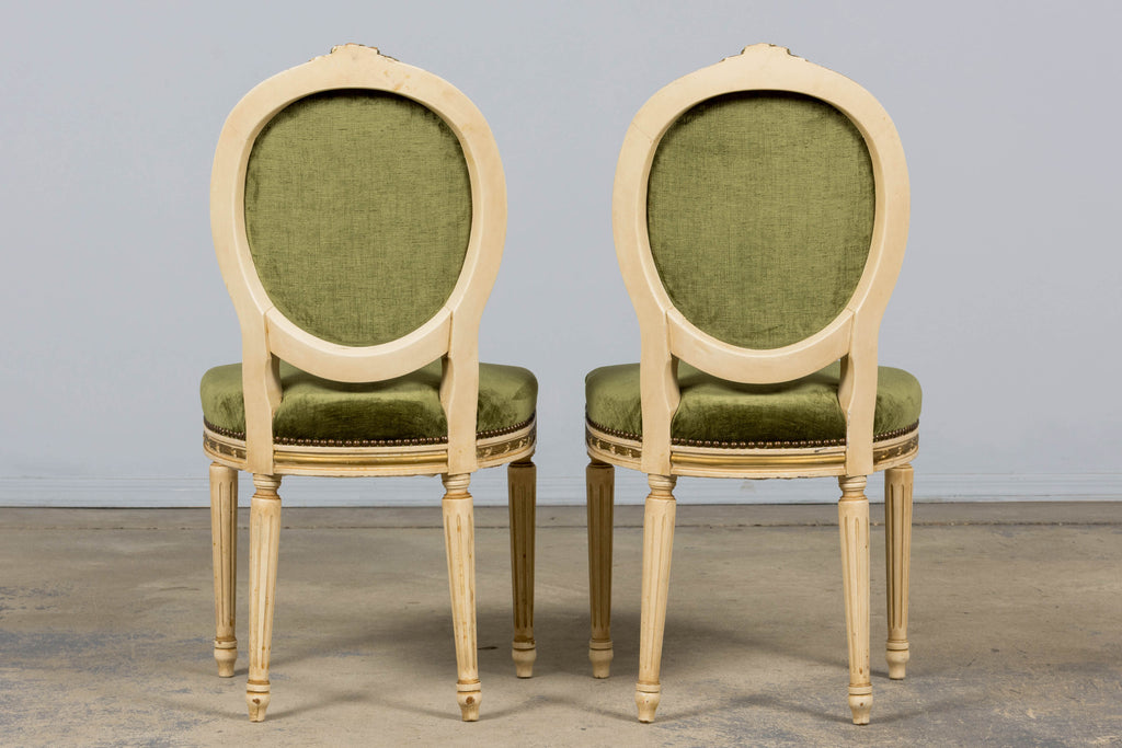 ON HOLD Antique French Louis XVI Style Dining Chairs in Olive Green Velvet - Set of 8