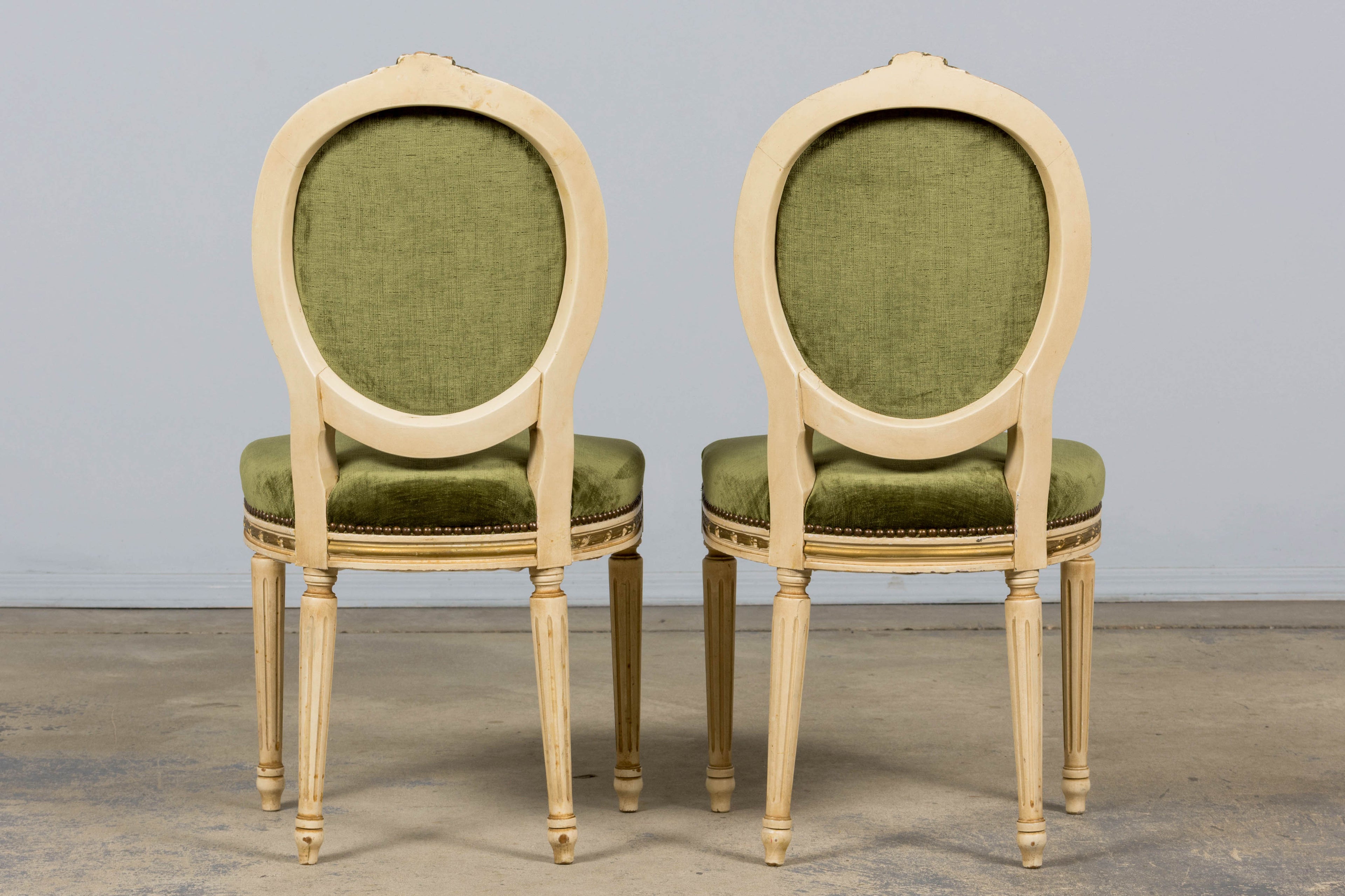 ON HOLD Antique French Louis XVI Style Dining Chairs in Olive Green Velvet - Set of 8