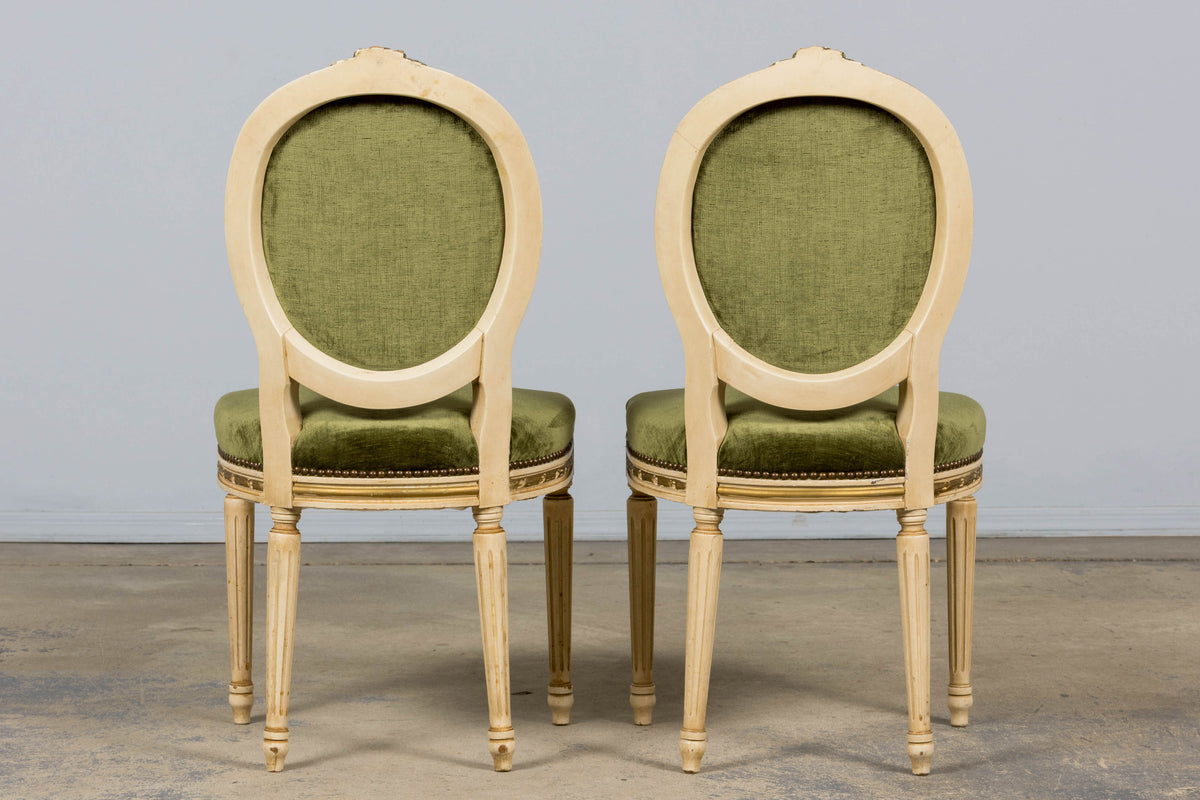 Antique French Louis XVI Style Dining Chairs in Olive Green Velvet - Set of 8