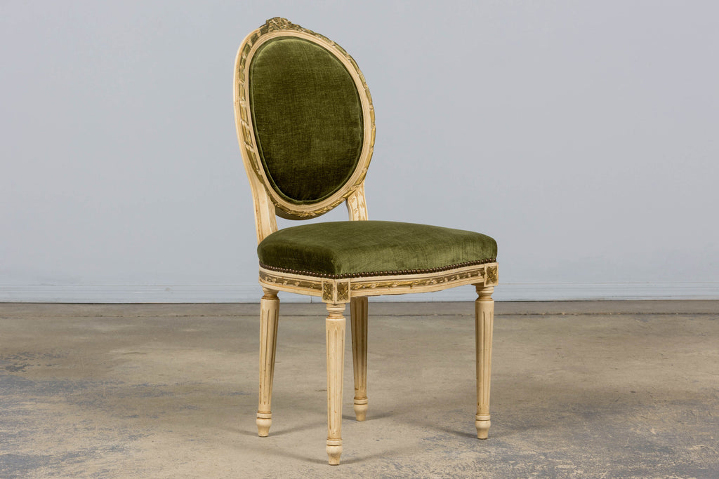ON HOLD Antique French Louis XVI Style Dining Chairs in Olive Green Velvet - Set of 8