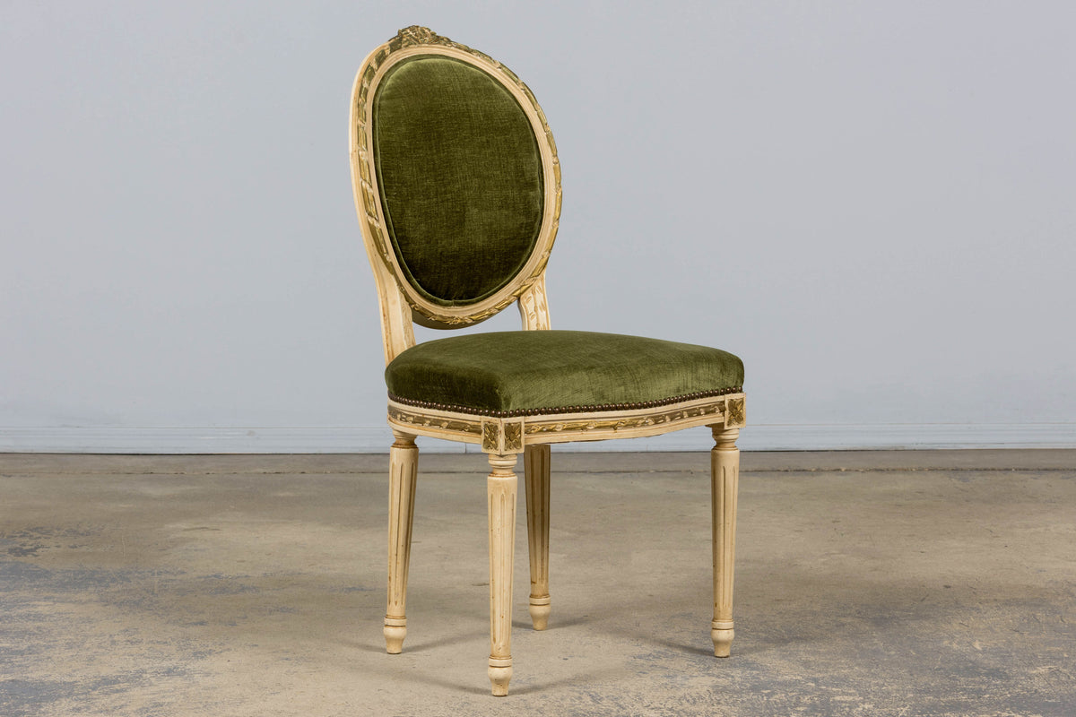 Antique French Louis XVI Style Dining Chairs in Olive Green Velvet - Set of 8