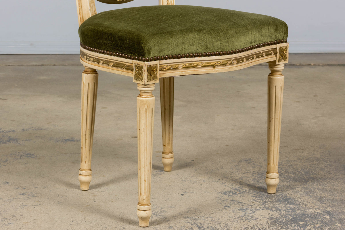Antique French Louis XVI Style Dining Chairs in Olive Green Velvet - Set of 8