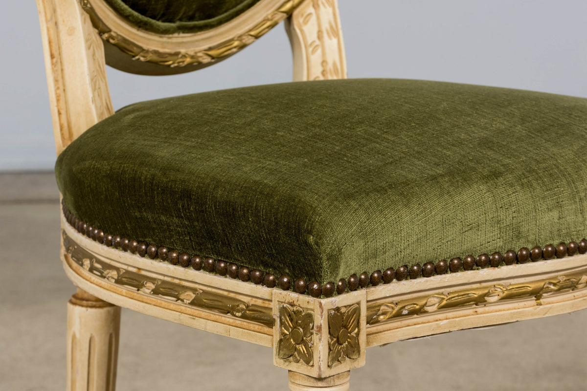 Antique French Louis XVI Style Dining Chairs in Olive Green Velvet - Set of 8