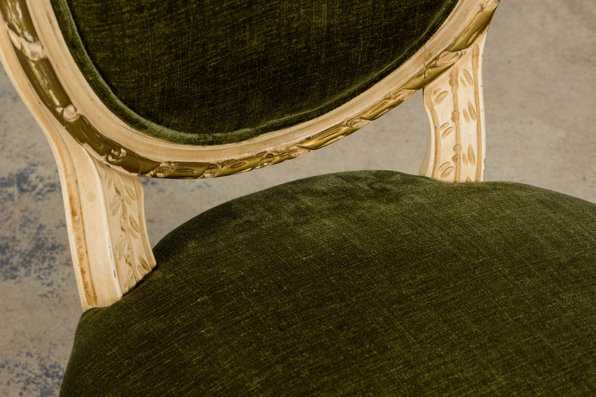 Antique French Louis XVI Style Dining Chairs in Olive Green Velvet - Set of 8