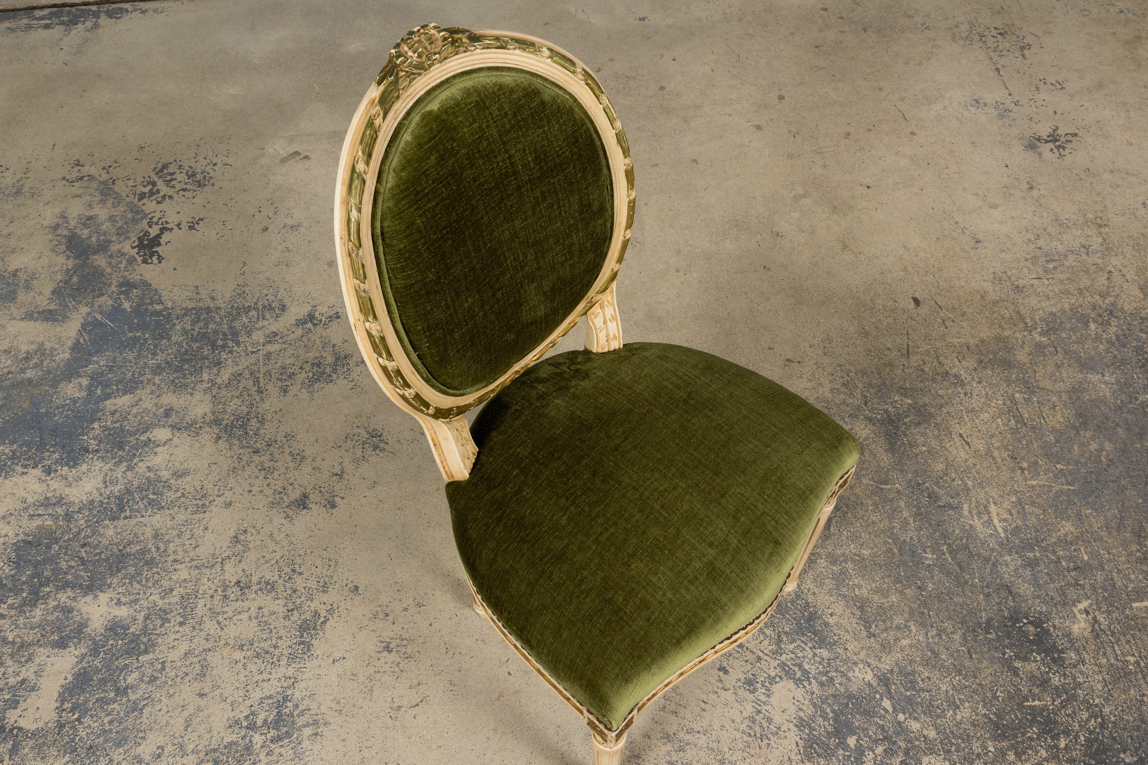 ON HOLD Antique French Louis XVI Style Dining Chairs in Olive Green Velvet - Set of 8