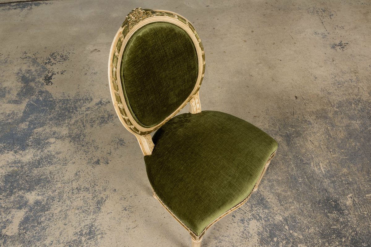 Antique French Louis XVI Style Dining Chairs in Olive Green Velvet - Set of 8
