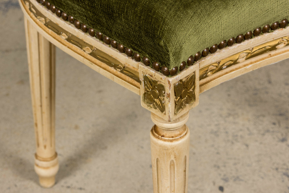 Antique French Louis XVI Style Dining Chairs in Olive Green Velvet - Set of 8