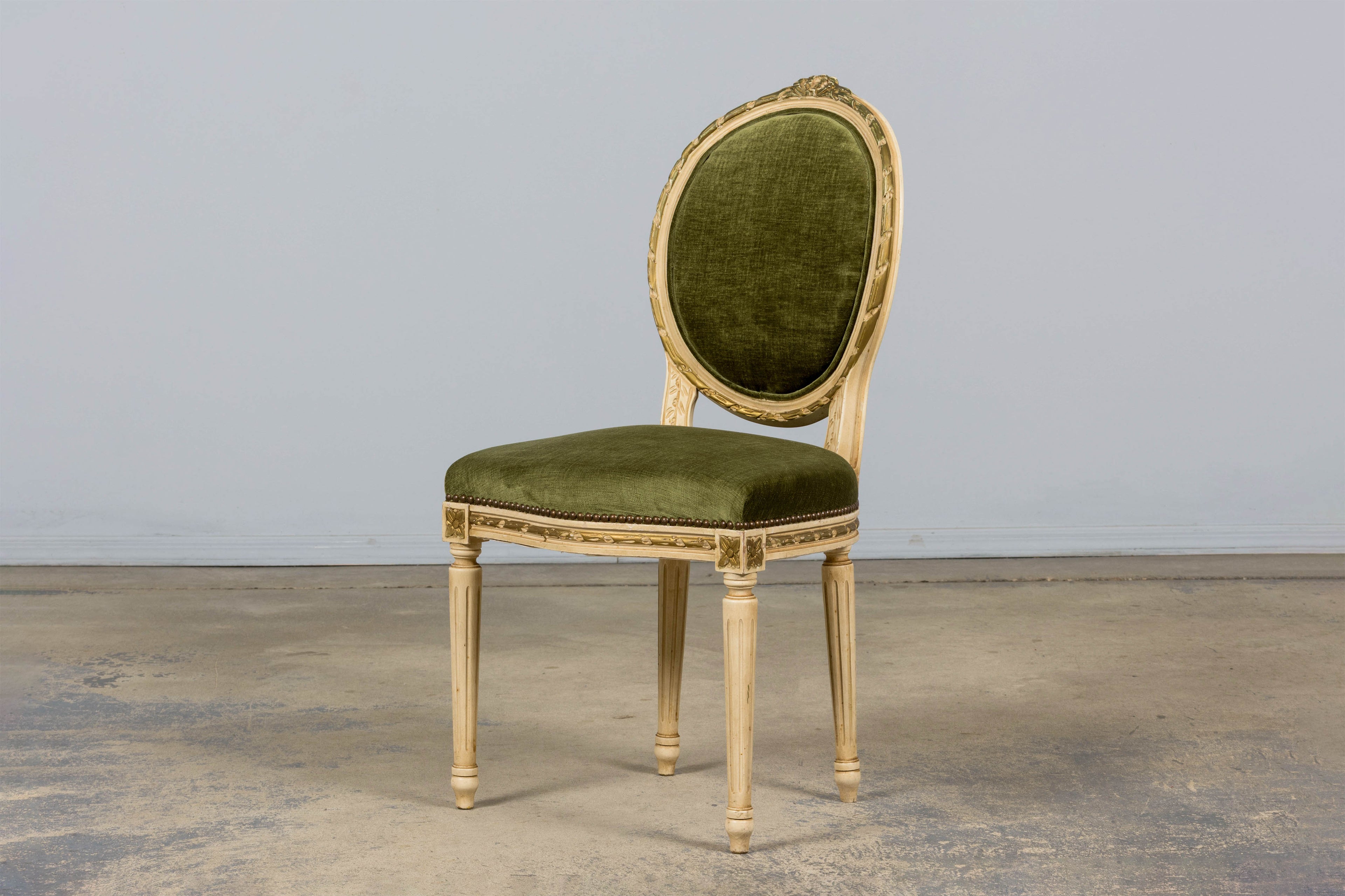 ON HOLD Antique French Louis XVI Style Dining Chairs in Olive Green Velvet - Set of 8