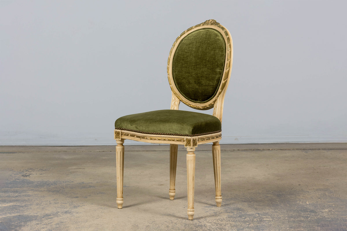 Antique French Louis XVI Style Dining Chairs in Olive Green Velvet - Set of 8