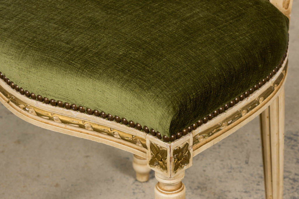 ON HOLD Antique French Louis XVI Style Dining Chairs in Olive Green Velvet - Set of 8
