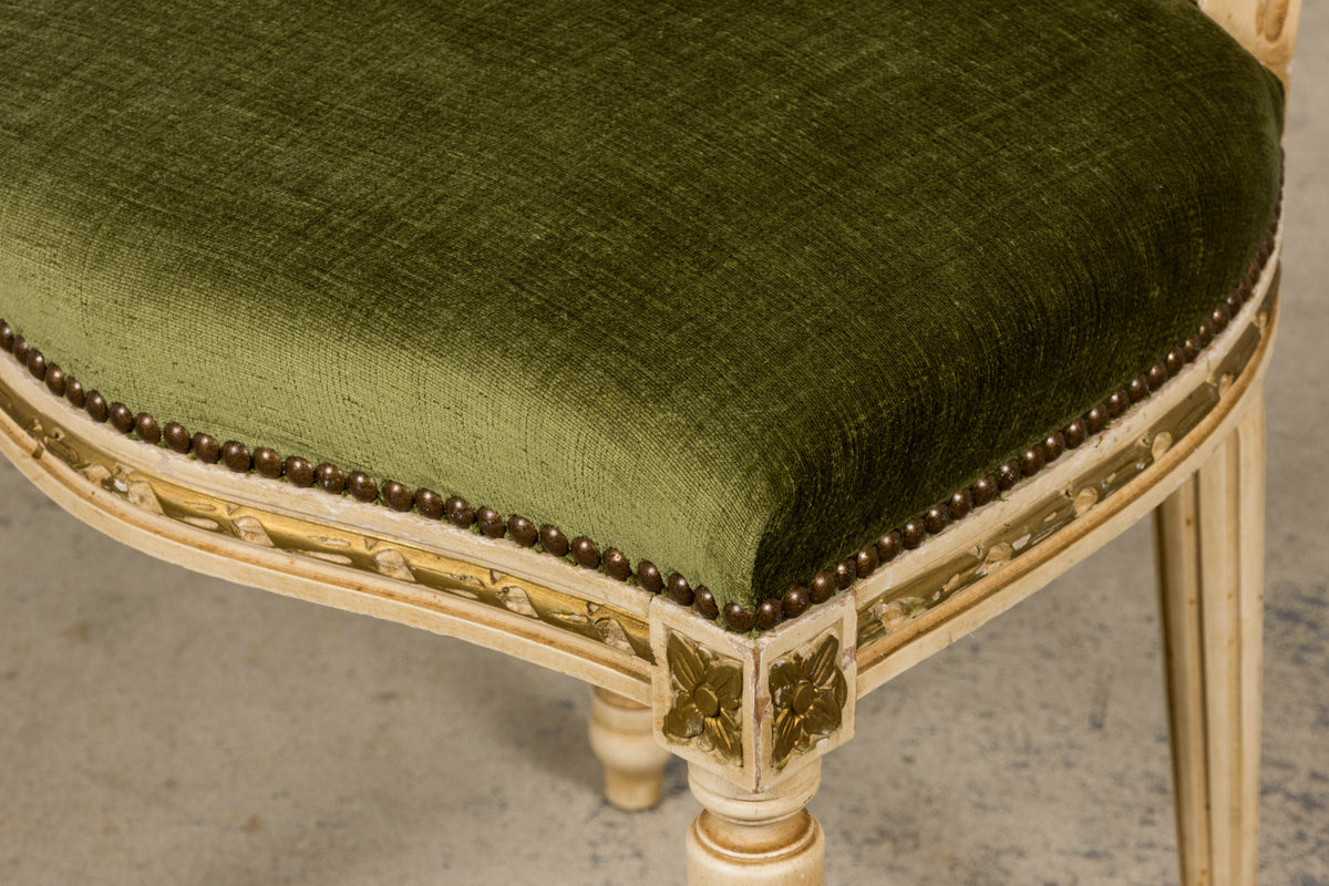 Antique French Louis XVI Style Dining Chairs in Olive Green Velvet - Set of 8