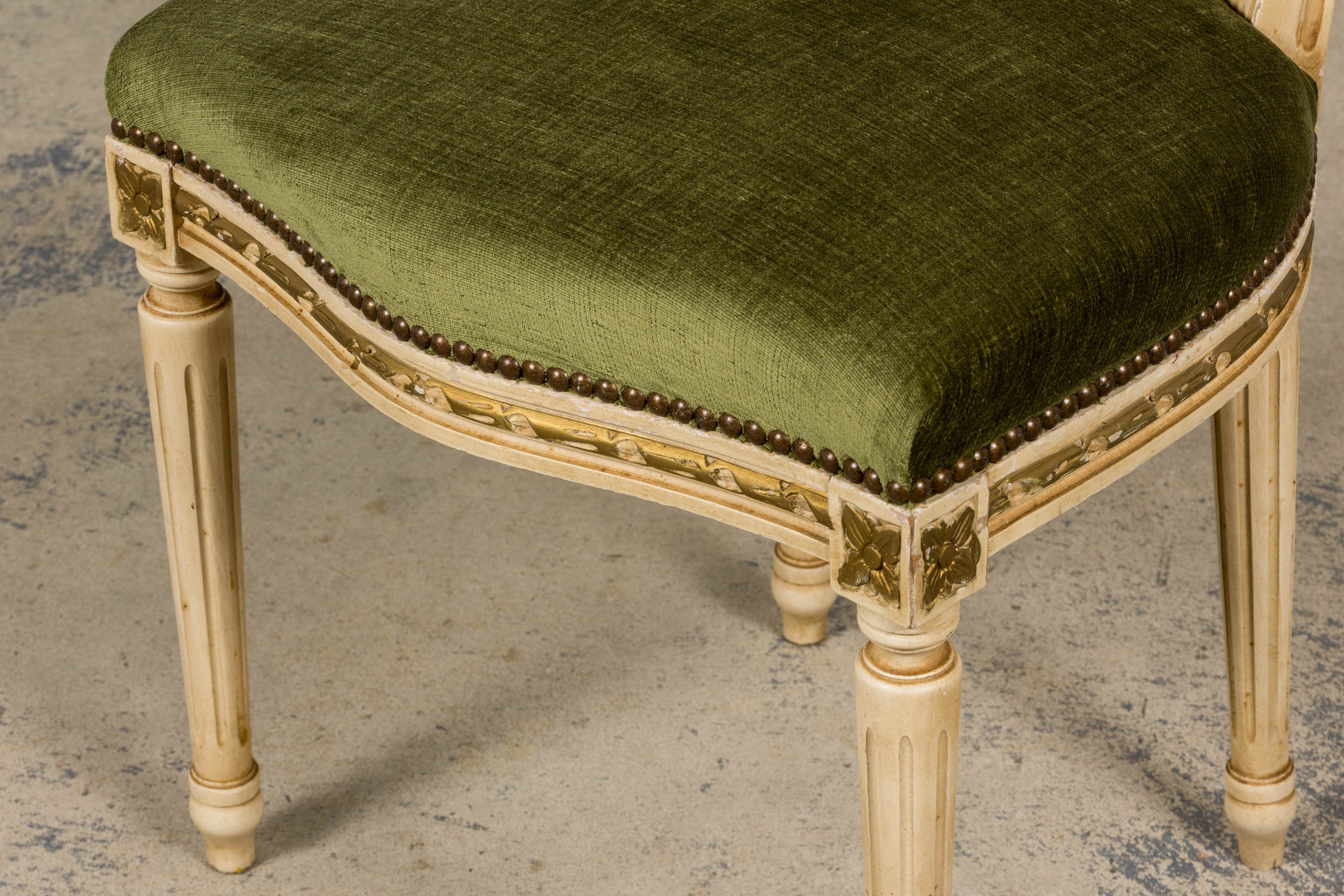 ON HOLD Antique French Louis XVI Style Dining Chairs in Olive Green Velvet - Set of 8