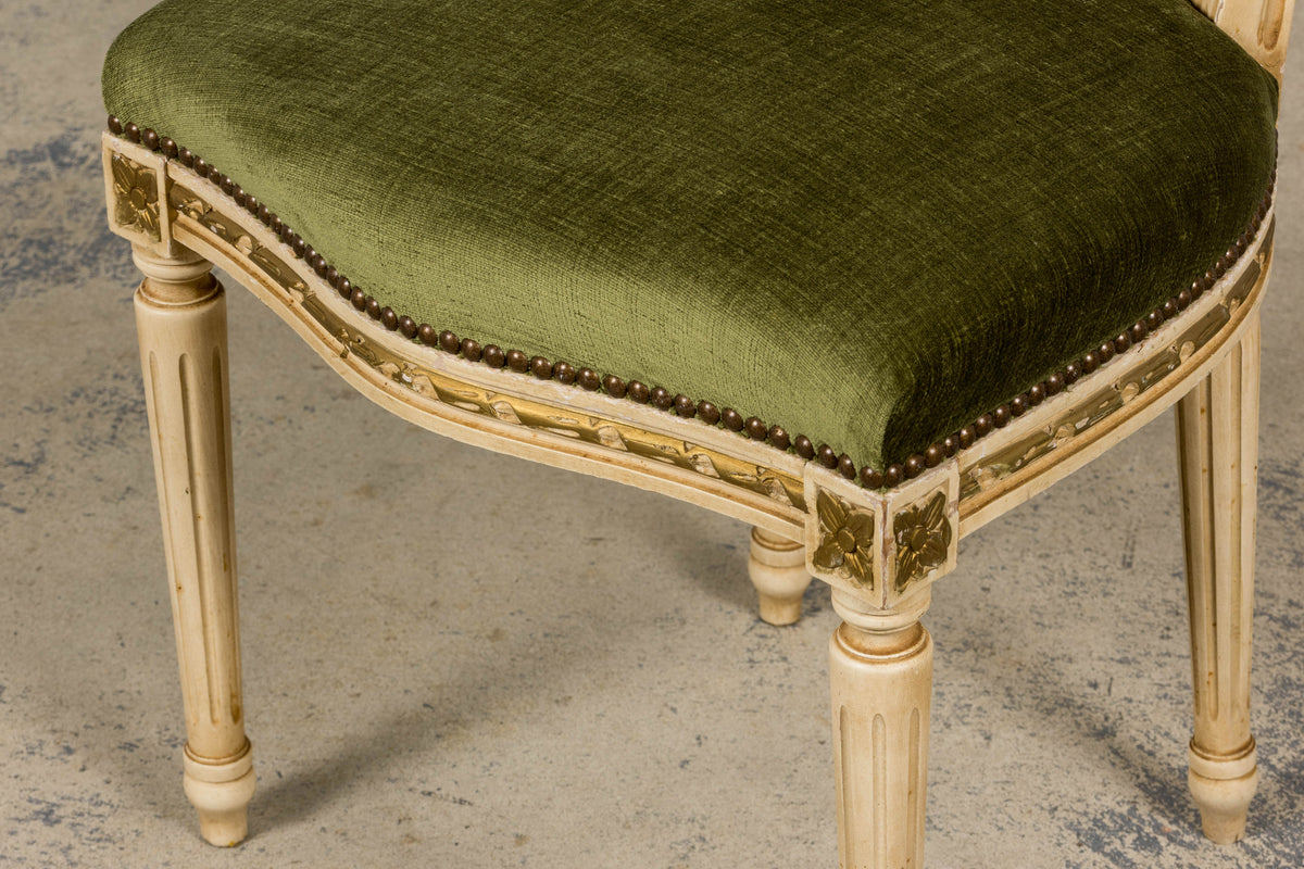 Antique French Louis XVI Style Dining Chairs in Olive Green Velvet - Set of 8
