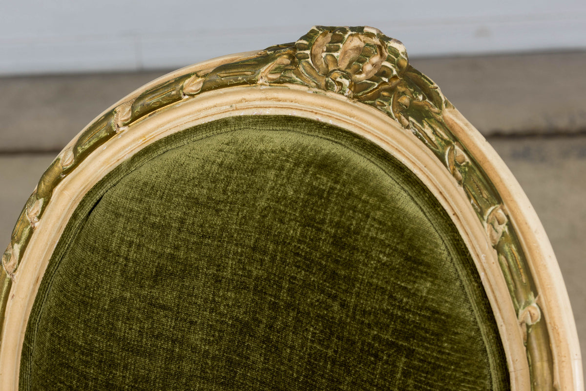 Antique French Louis XVI Style Dining Chairs in Olive Green Velvet - Set of 8