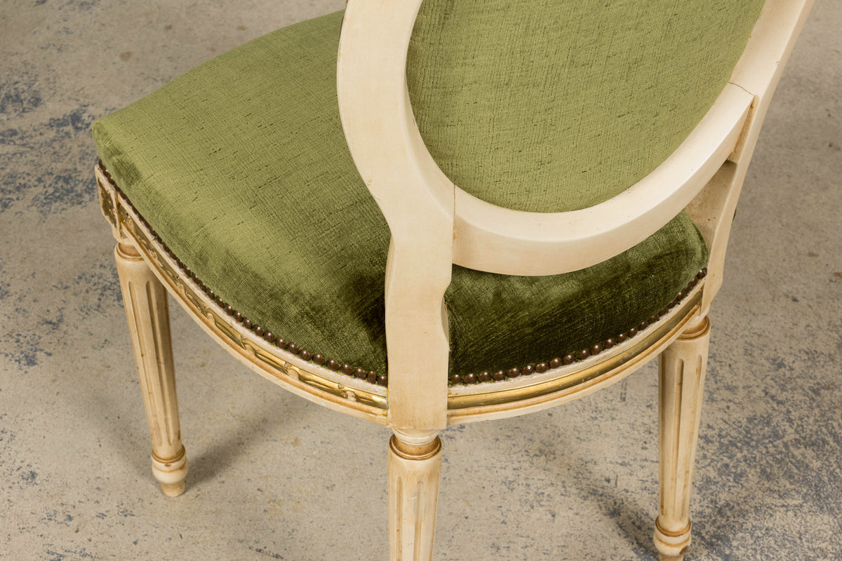 Antique French Louis XVI Style Dining Chairs in Olive Green Velvet - Set of 8