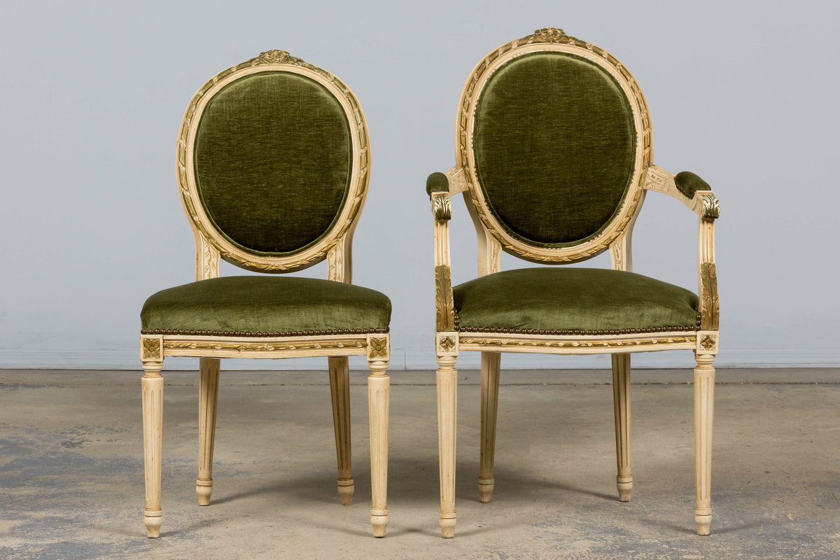 Antique French Louis XVI Style Dining Chairs in Olive Green Velvet - Set of 8