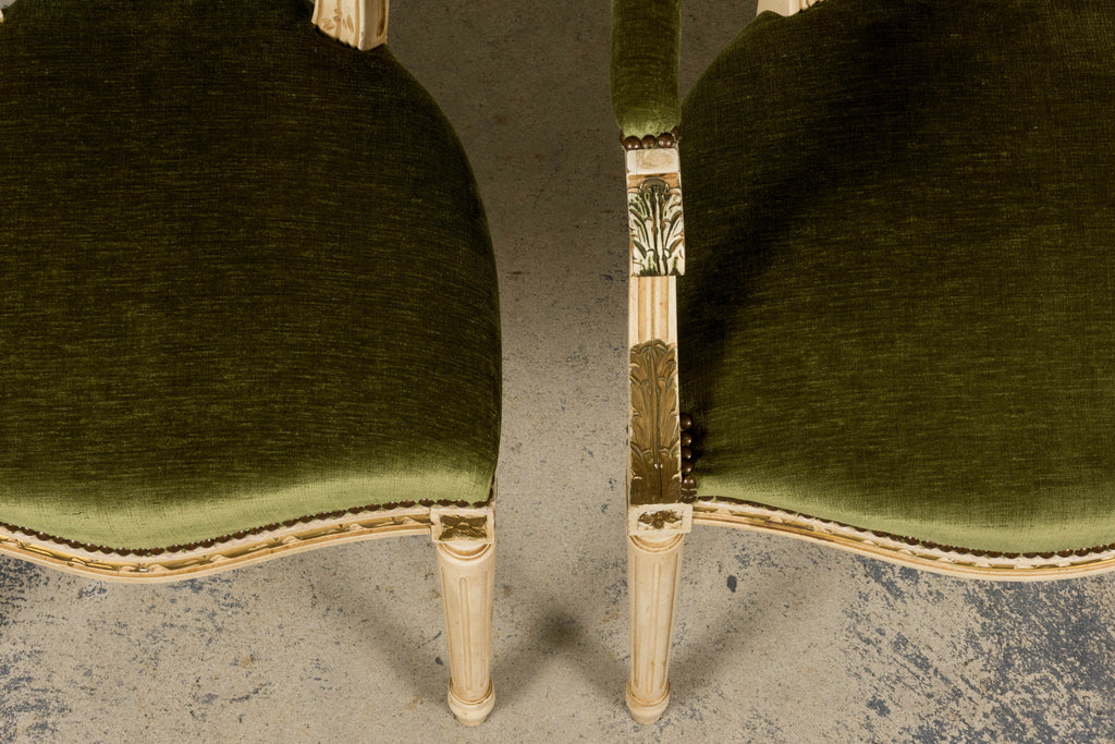 ON HOLD Antique French Louis XVI Style Dining Chairs in Olive Green Velvet - Set of 8