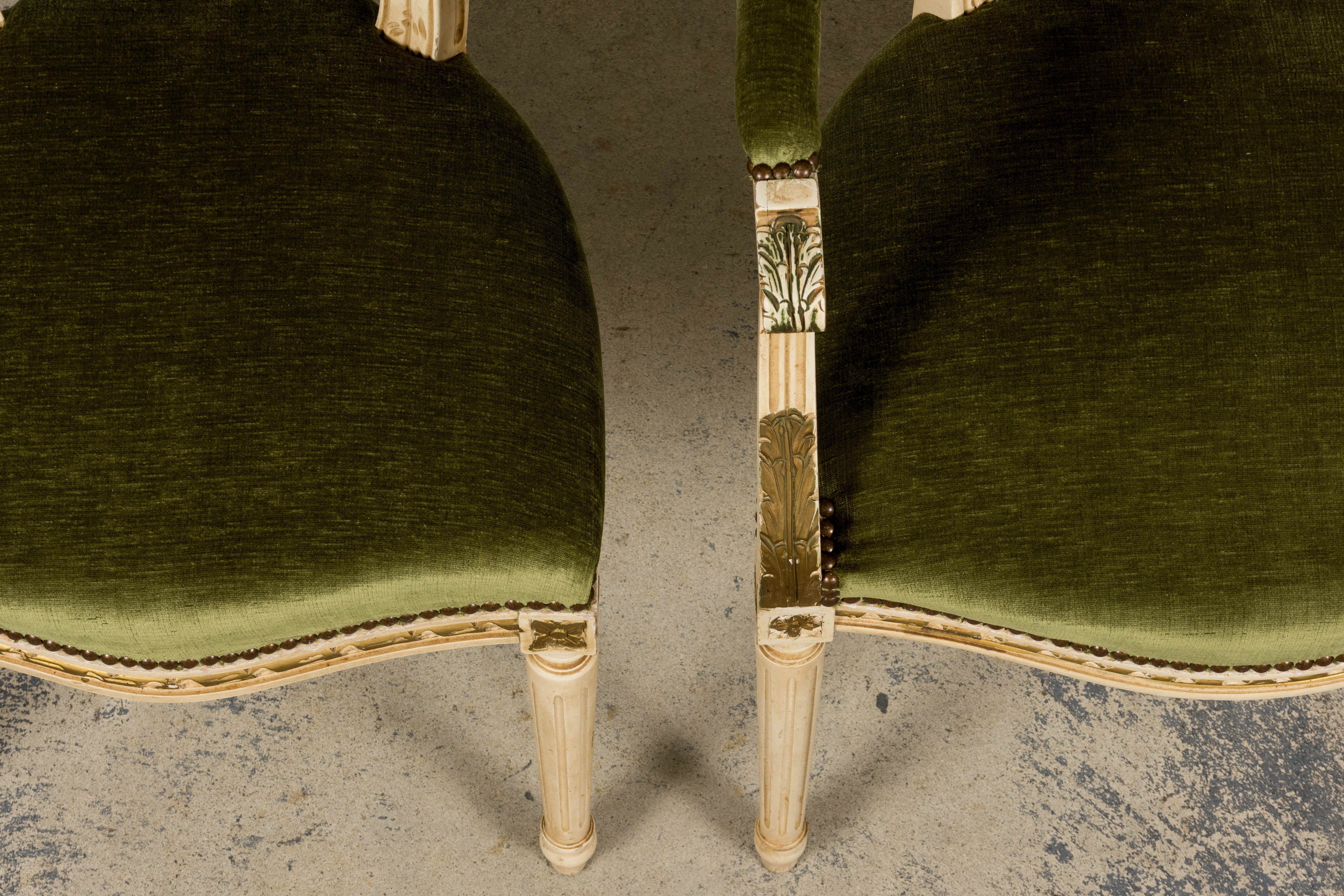 ON HOLD Antique French Louis XVI Style Dining Chairs in Olive Green Velvet - Set of 8